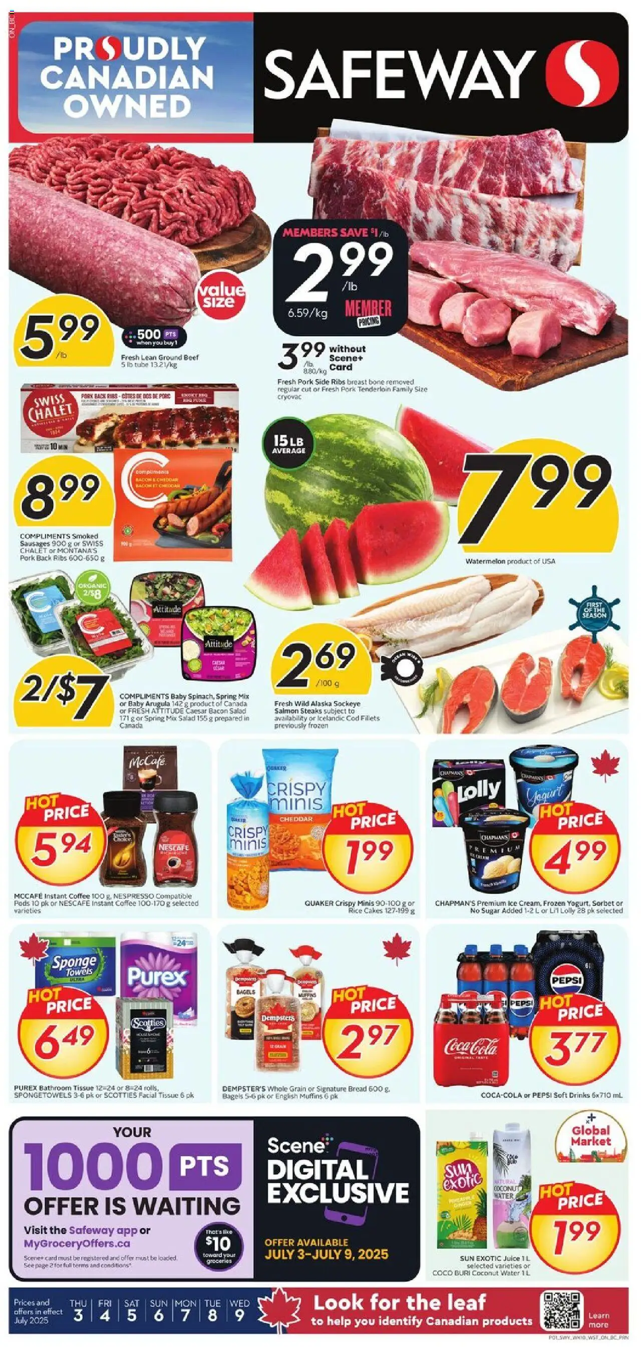 Safeway flyer valid from Jul 03, 2025 - page number 1 - Coconut, Instant coffee, Salad, Sponge, Drinks, Watermelon, Yogurt, Coffee