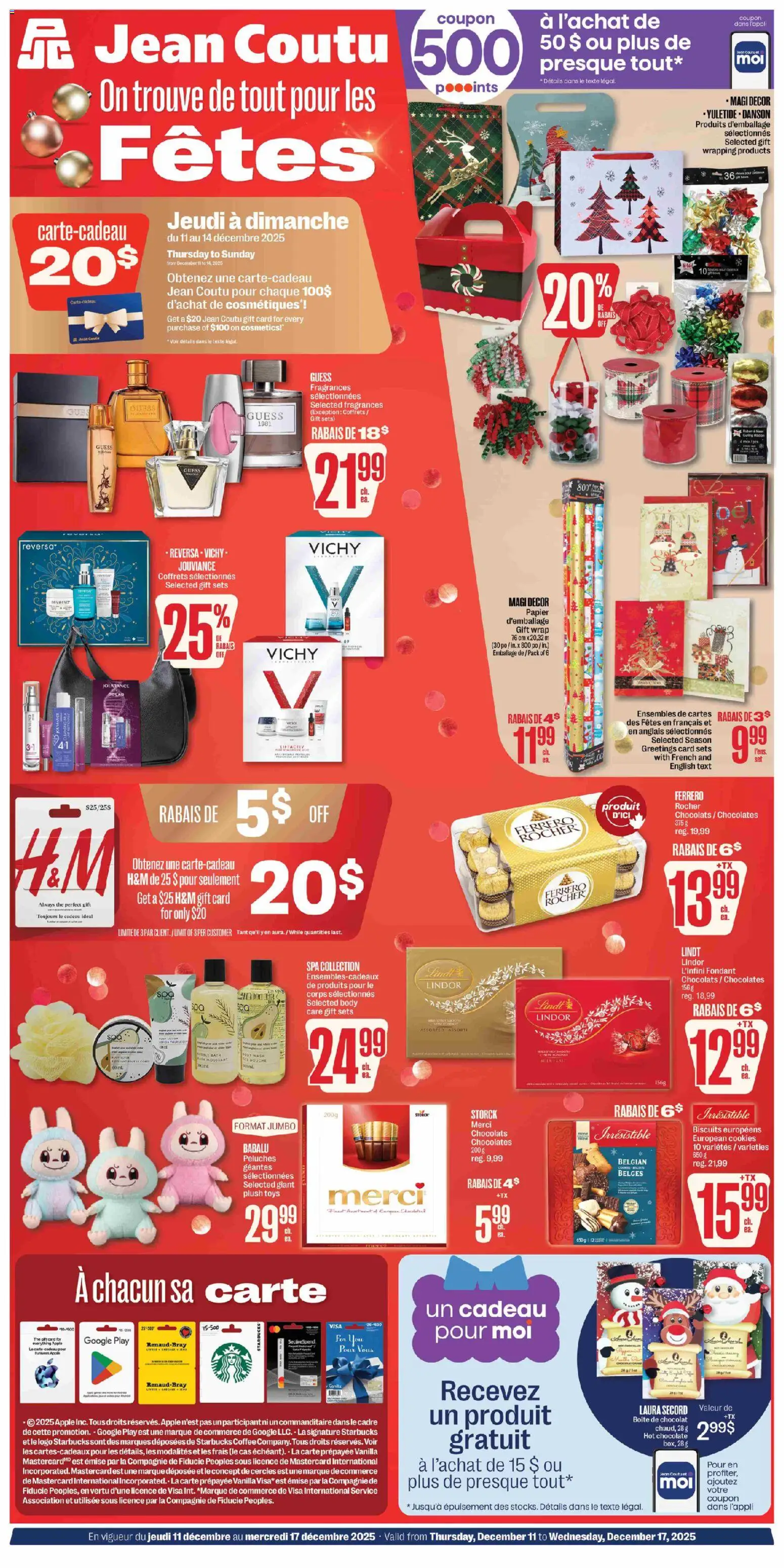 Preview of leaflet Encart Noel from shop Jean Coutu is valid from Dec 11, 2025 - Coffee, Cookies, Chocolate, Toys, Lindt, Hot chocolate, Vanilla, Plush toys
