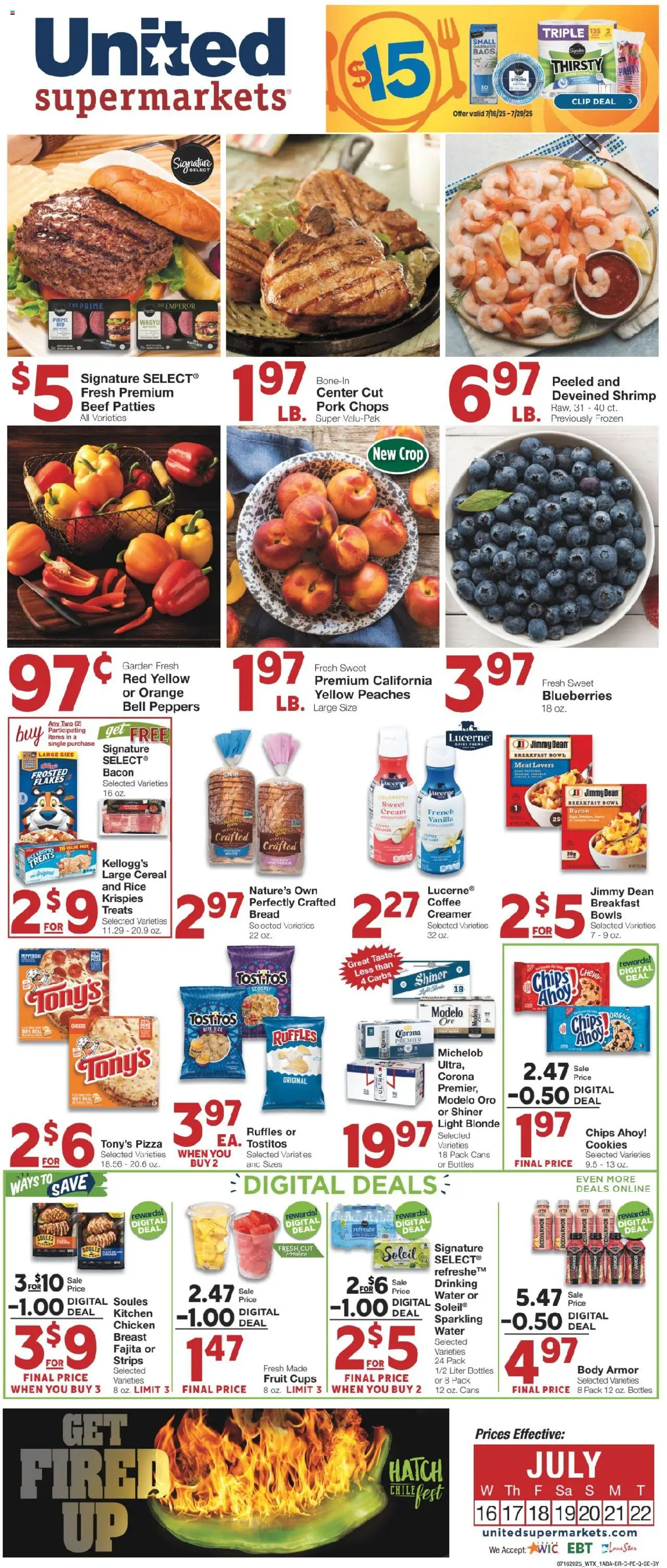 United Supermarkets Weekly Ad from 07/16/2025 - Flyer - Page number 1 - Peaches, Meat, Pizza, Pork, Rice, Bacon, Garbage bags, Cereal