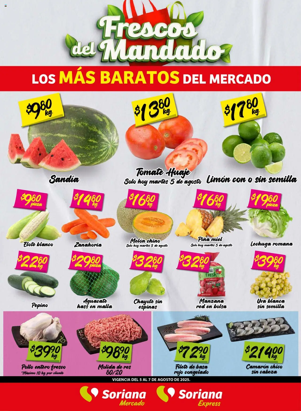Frescos del Mandado Mercado: Tamaulipas Soriana y sus promociones válidas desde el 05/08/2025 - Número de página 1 - Tomate, Aguacate, Uva, Lechuga romana, Miel, Pepino, Res, Filete
