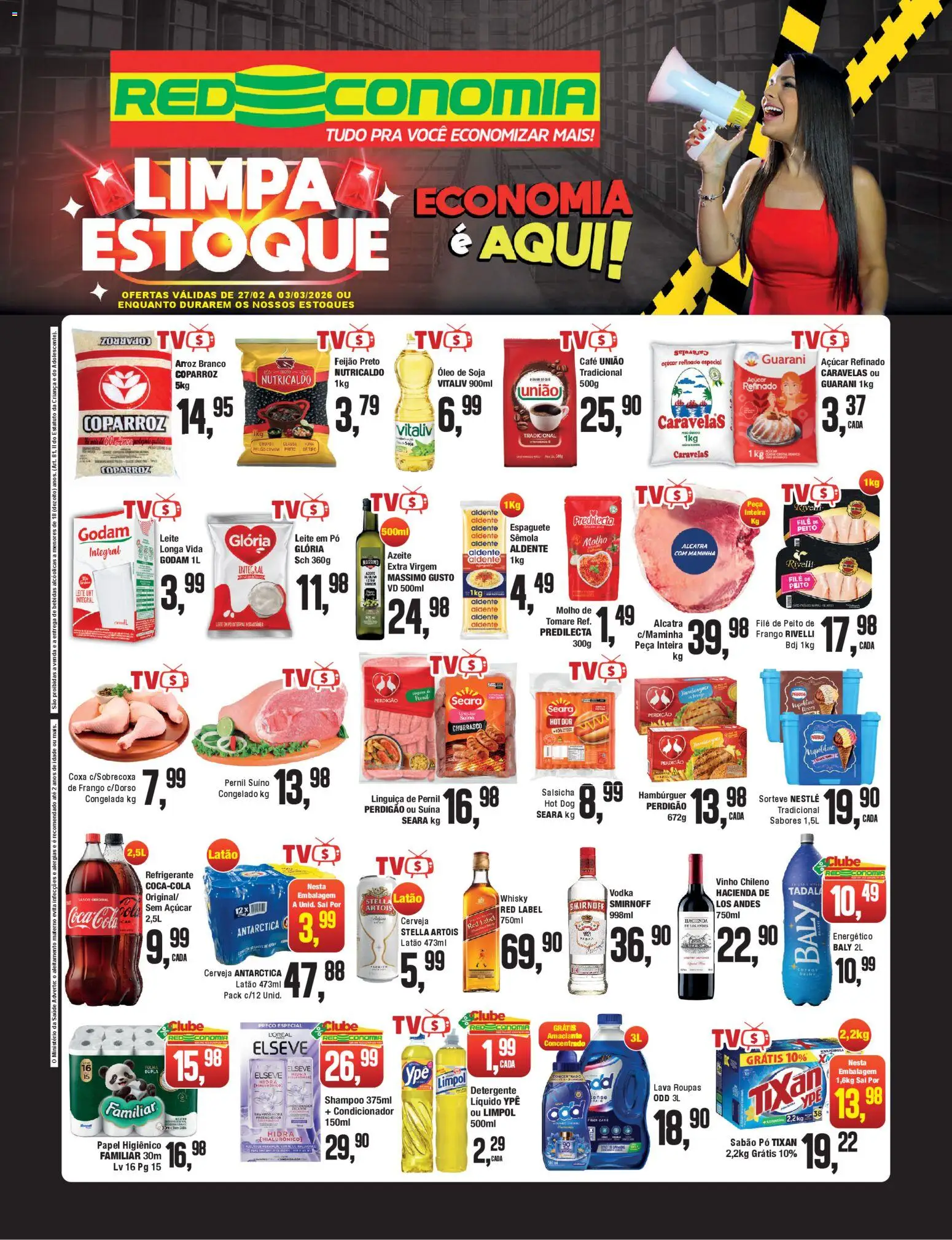 Pré-Visualização do folheto "RedEconomia ofertas" da loja RedEconomia válido a partir de 27/02/2026 - Café, Roupas, Óleo, Leite, Açúcar, Detergente, Espaguete, Maminha
