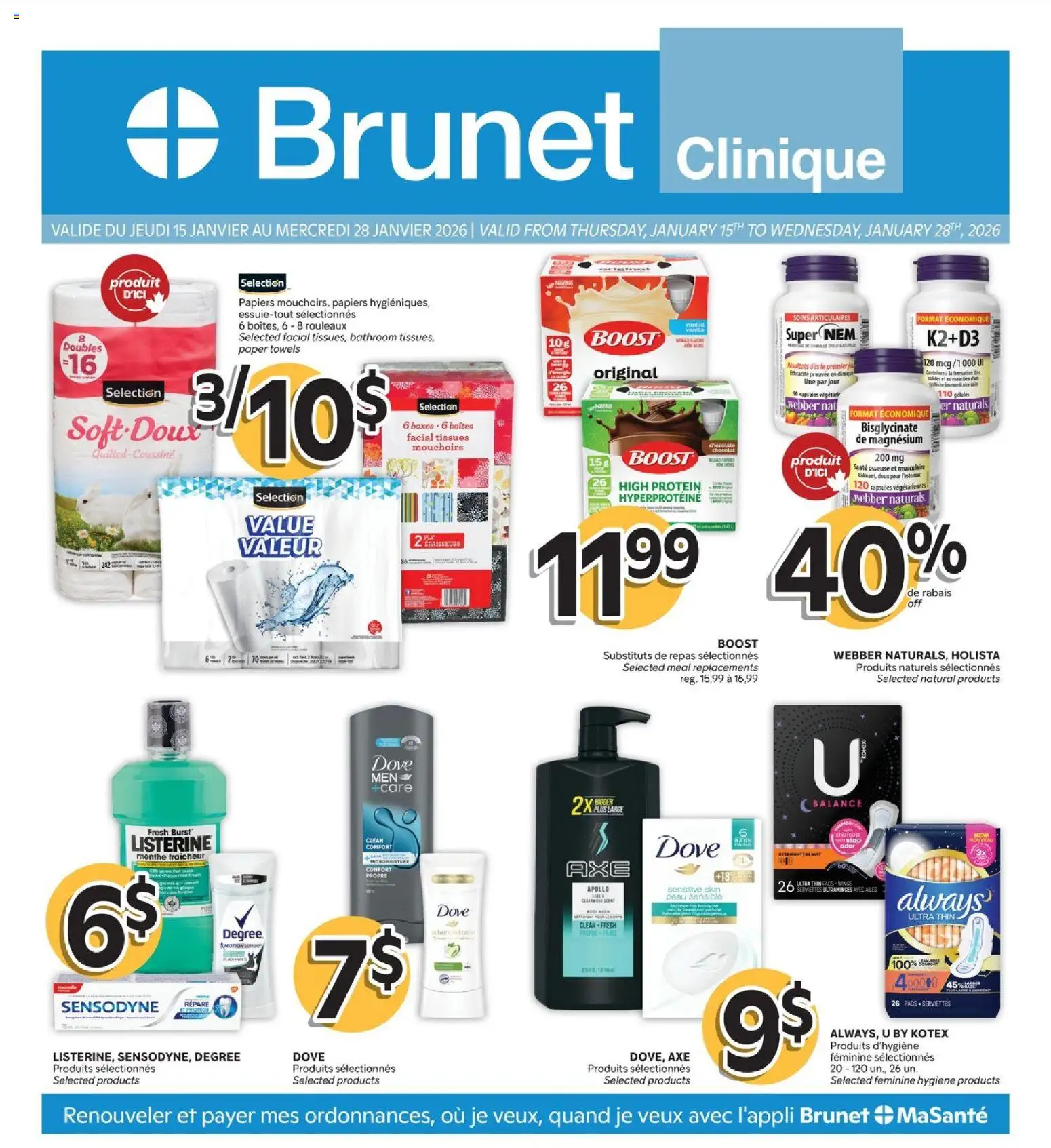 Preview of leaflet Clinique from shop Brunet is valid from Jan 15, 2026 - Protein, Capsules, Paper towels, Towels, Listerine, Tissues