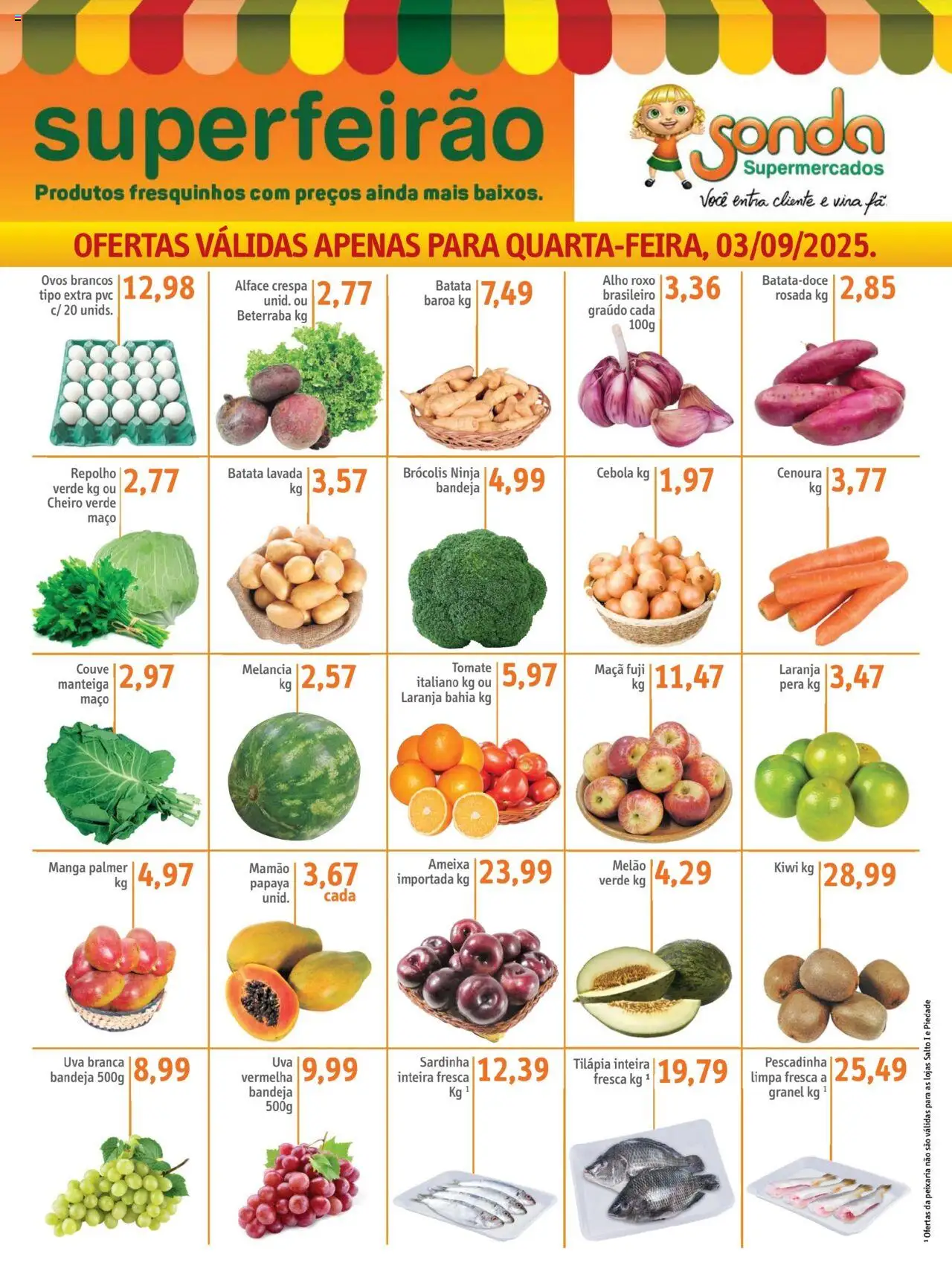 Sonda folheto "Ofertas Feirão" válido a partir de 03/09/2025 - número de página 1 - Melancia, Ovos, Beterraba, Tomate, Cenoura, Couve, Alho, Tilápia