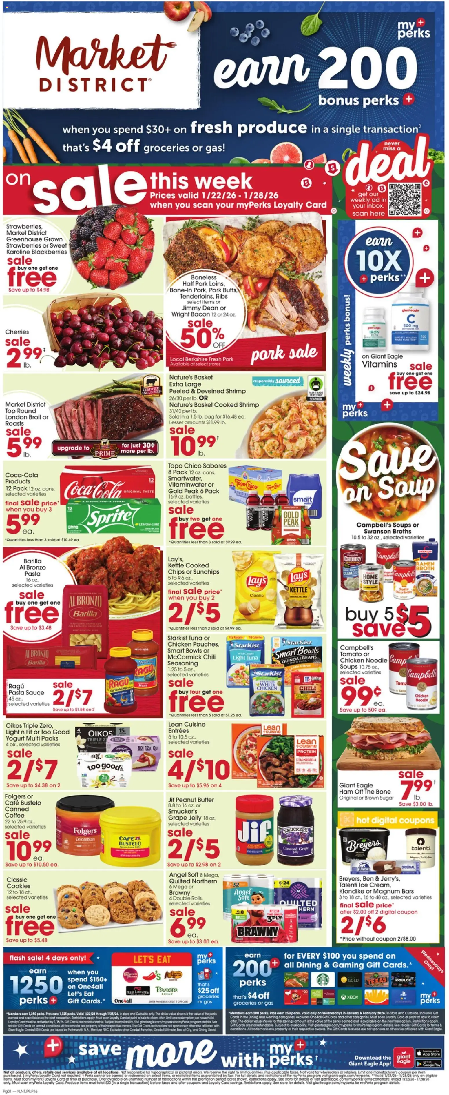 Ad Preview of Giant Eagle Weekly Ad from 01/22/2026 - Xbox, Soups, Cherries, Protein, Meat, Sprite, Ham, Pork