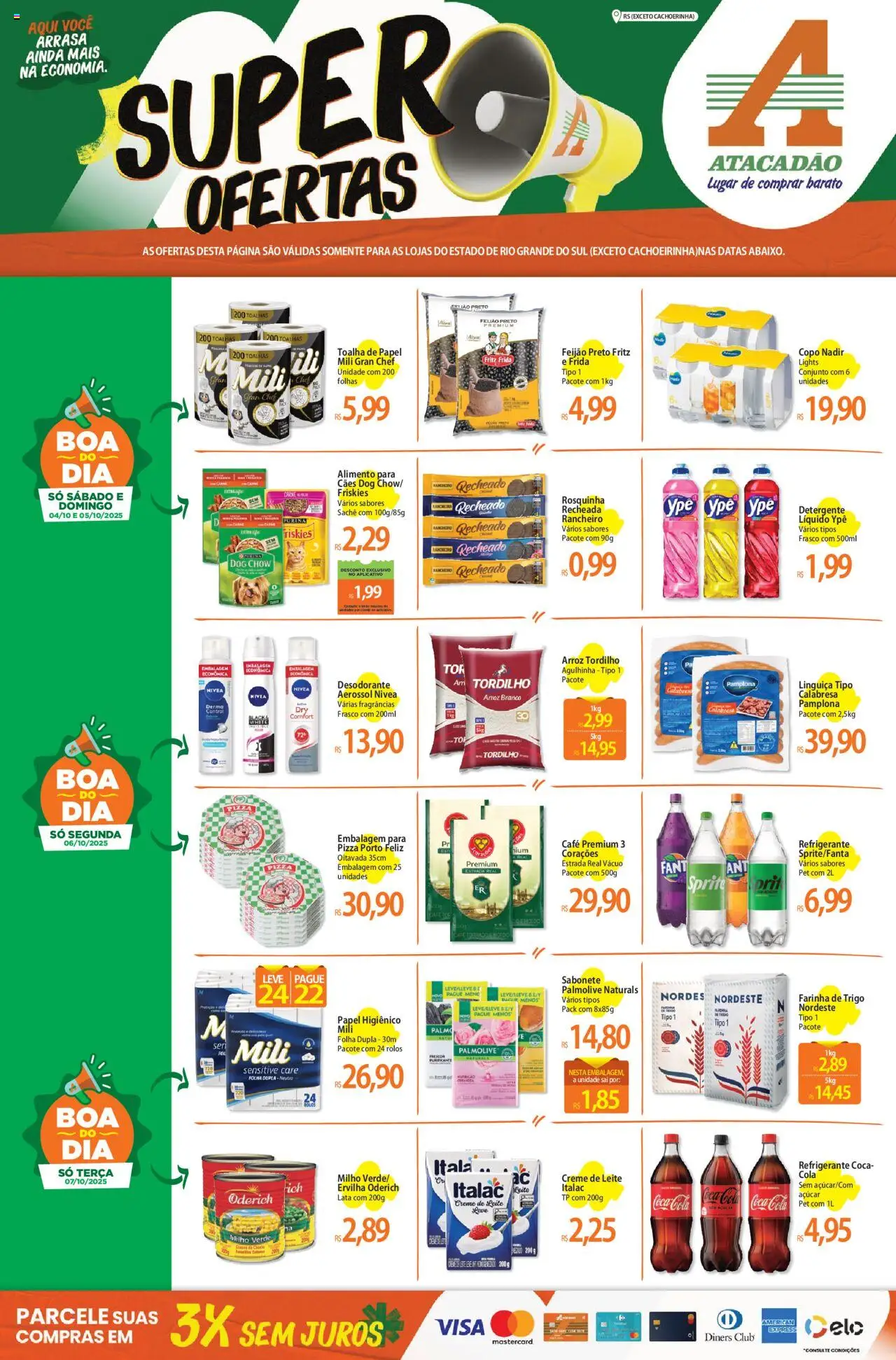 Pré-Visualização do folheto "Ofertas - RS" da loja Atacadão válido a partir de 04/10/2025 - Pizza, Açúcar, Detergente, Creme, Papel higiênico, Cola, Linguiça, Rosquinha