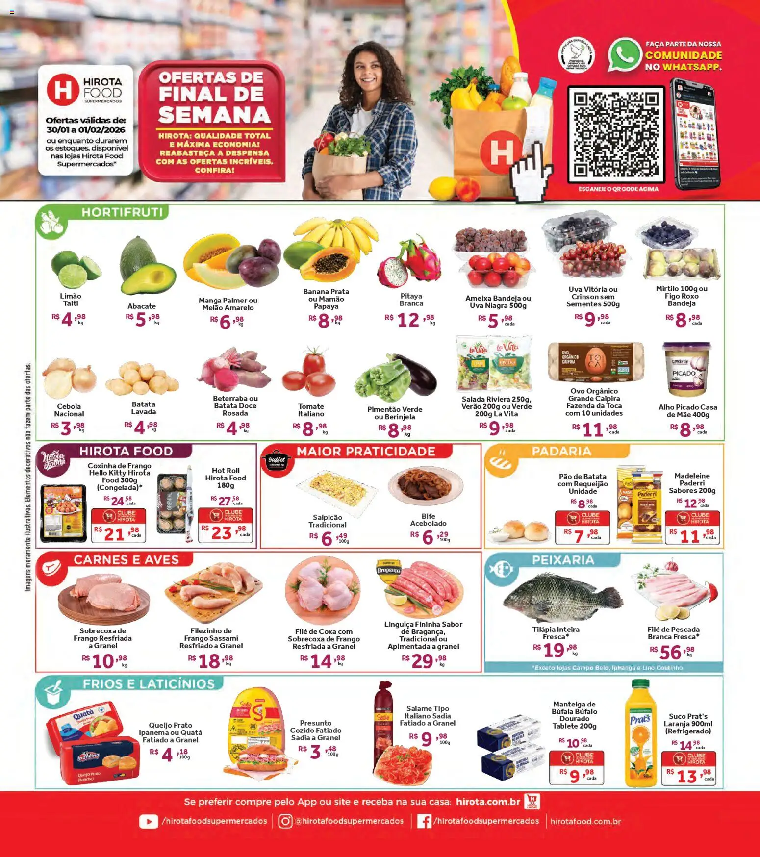 Pré-Visualização do folheto "Ofertas de Fim de Semana" da loja Hirota Food válido a partir de 30/01/2026 - Suco, Figo, Salada, Presunto, Melão, Mamão, Pimentão, Melão amarelo