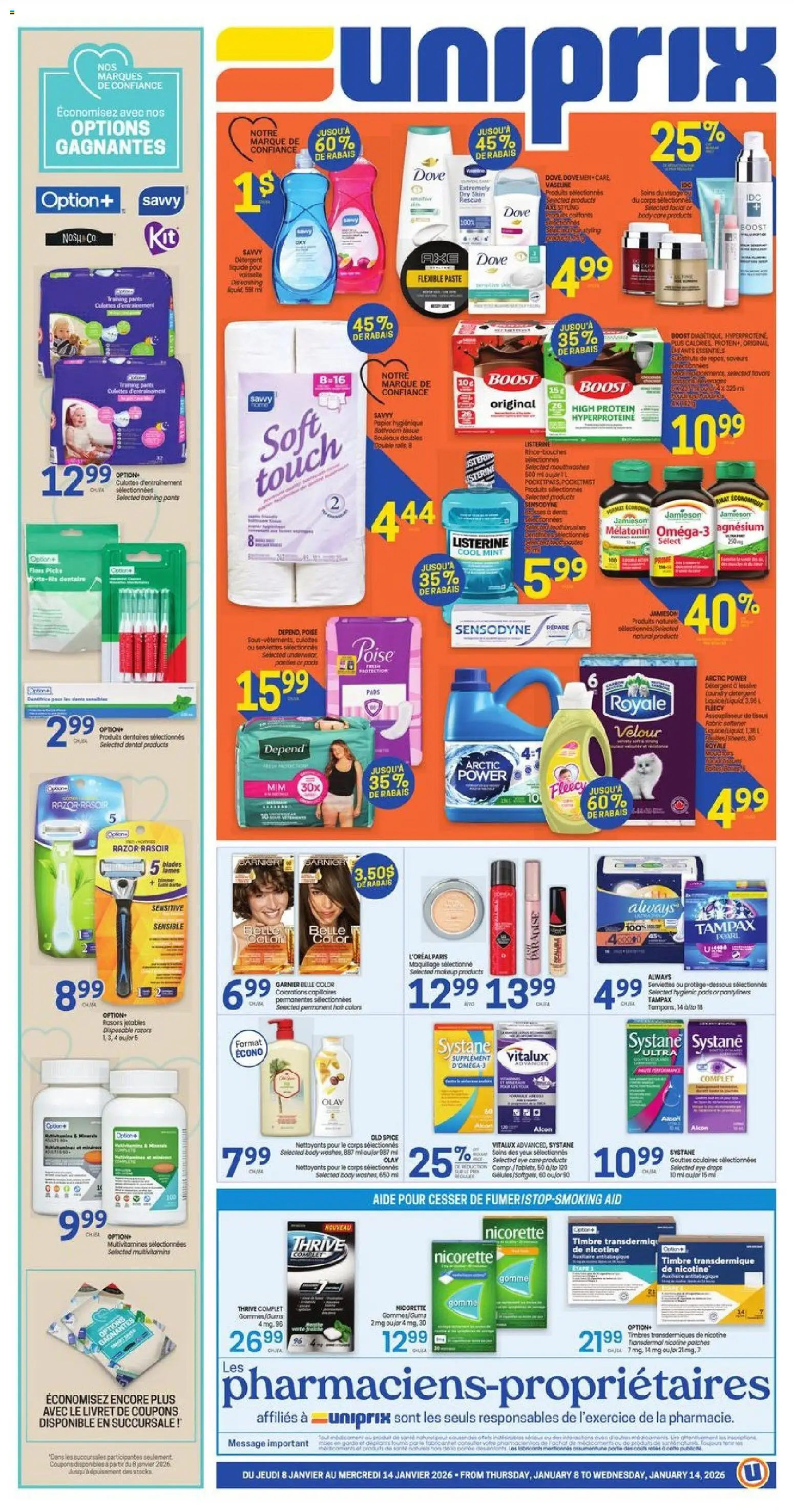 Preview of leaflet Weekly flyer / circulaire from shop Uniprix is valid from Jan 08, 2026 - Protein, Pants, Eye drops, Listerine, Detergent, Fabric softener