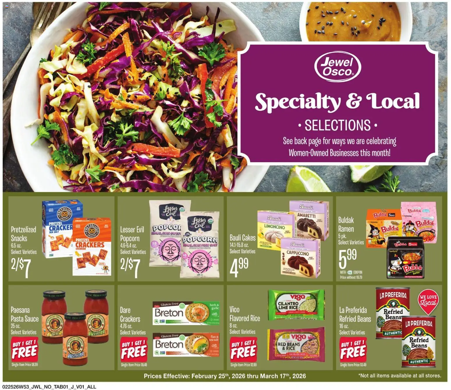 Ad Preview of Jewel Osco Specialty & Local from 02/25/2026 - Pasta, Popcorn, Rice, Cappuccino, Salt, Lime, Crackers, Sauce