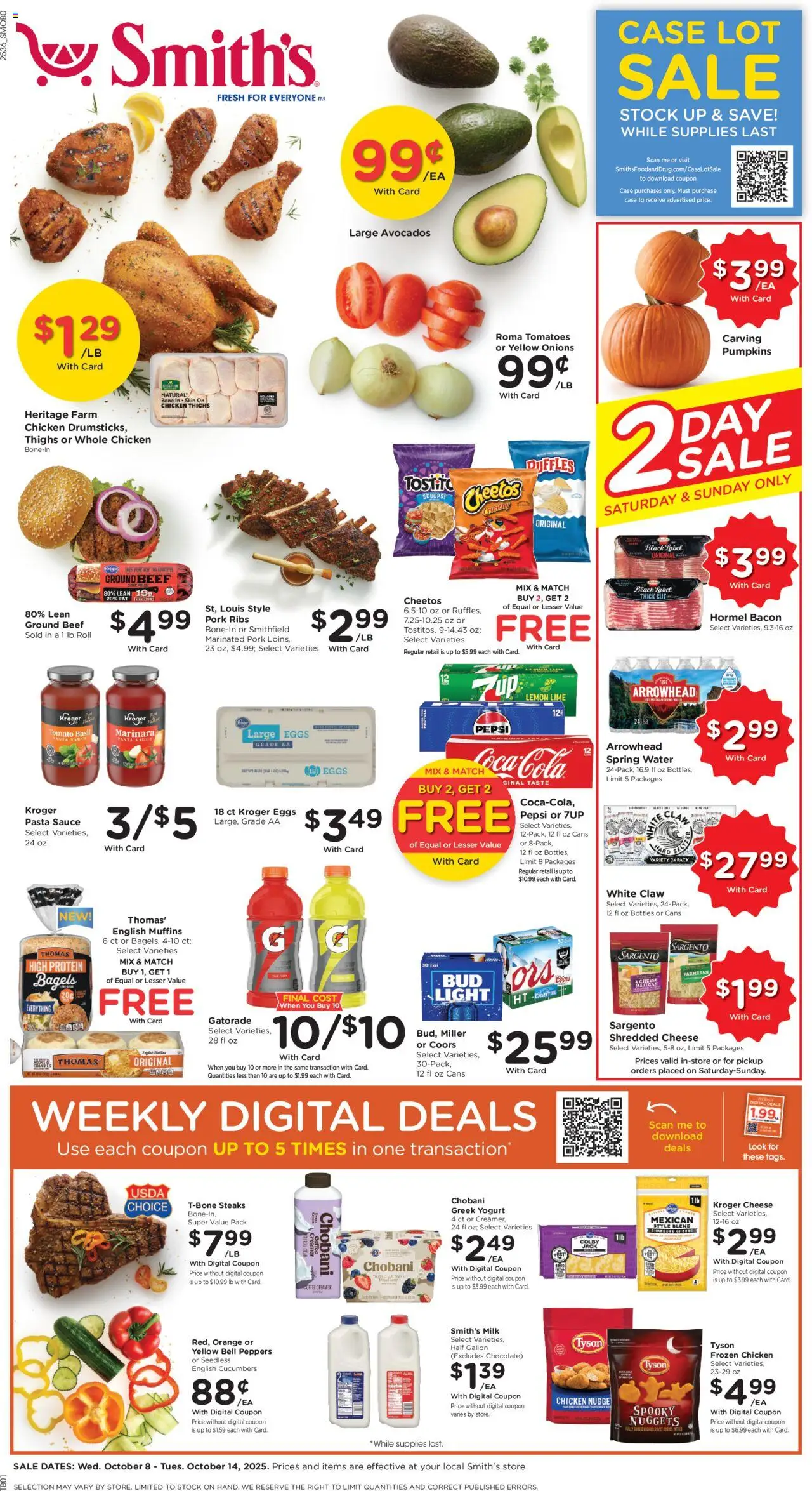 Ad Preview of Smith's Weekly Ad - ID from 10/08/2025 - Coffee, Water, Eggs, Tomatoes, Cucumbers, Greek yogurt, Beef, Spring water