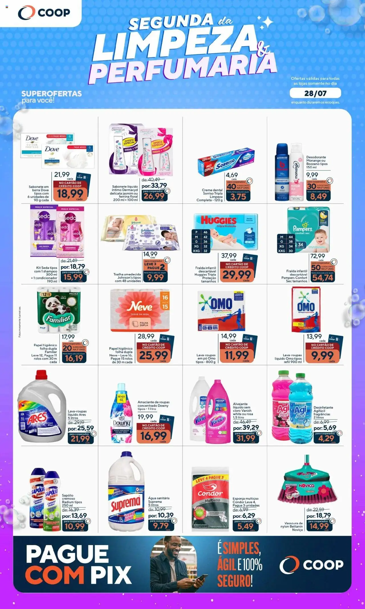 Coop folheto "Ofertas Segunda da Limpeza e Perfumaria" válido a partir de 28/07/2025 - número de página 1 - Desodorante, Sal, Desinfetante, Papel higiênico, Água sanitária, Condicionador, Esponja, Amaciante de roupas