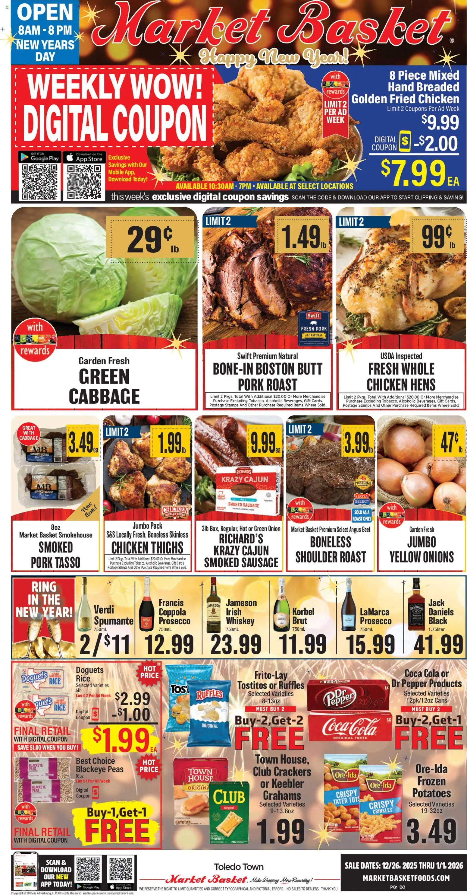 Ad Preview of Market Basket Weekly Ad from 12/26/2025 - Ring, Rice, Whiskey, Pepper, Onion, Basket, Jameson, Pork roast