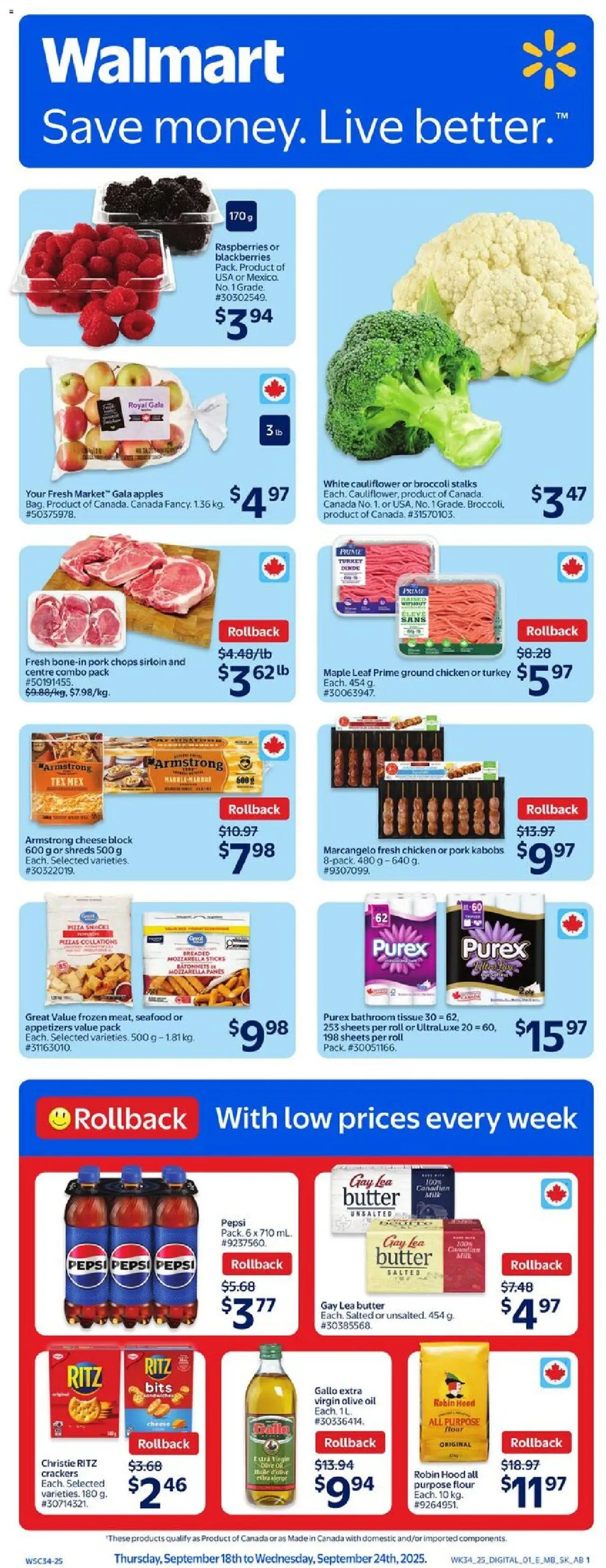 Walmart flyer valid from Sep 18, 2025 - page number 1 - Apples, Chicken, Turkey, Seafood, Cheese, Snacks, Mozzarella, Flour