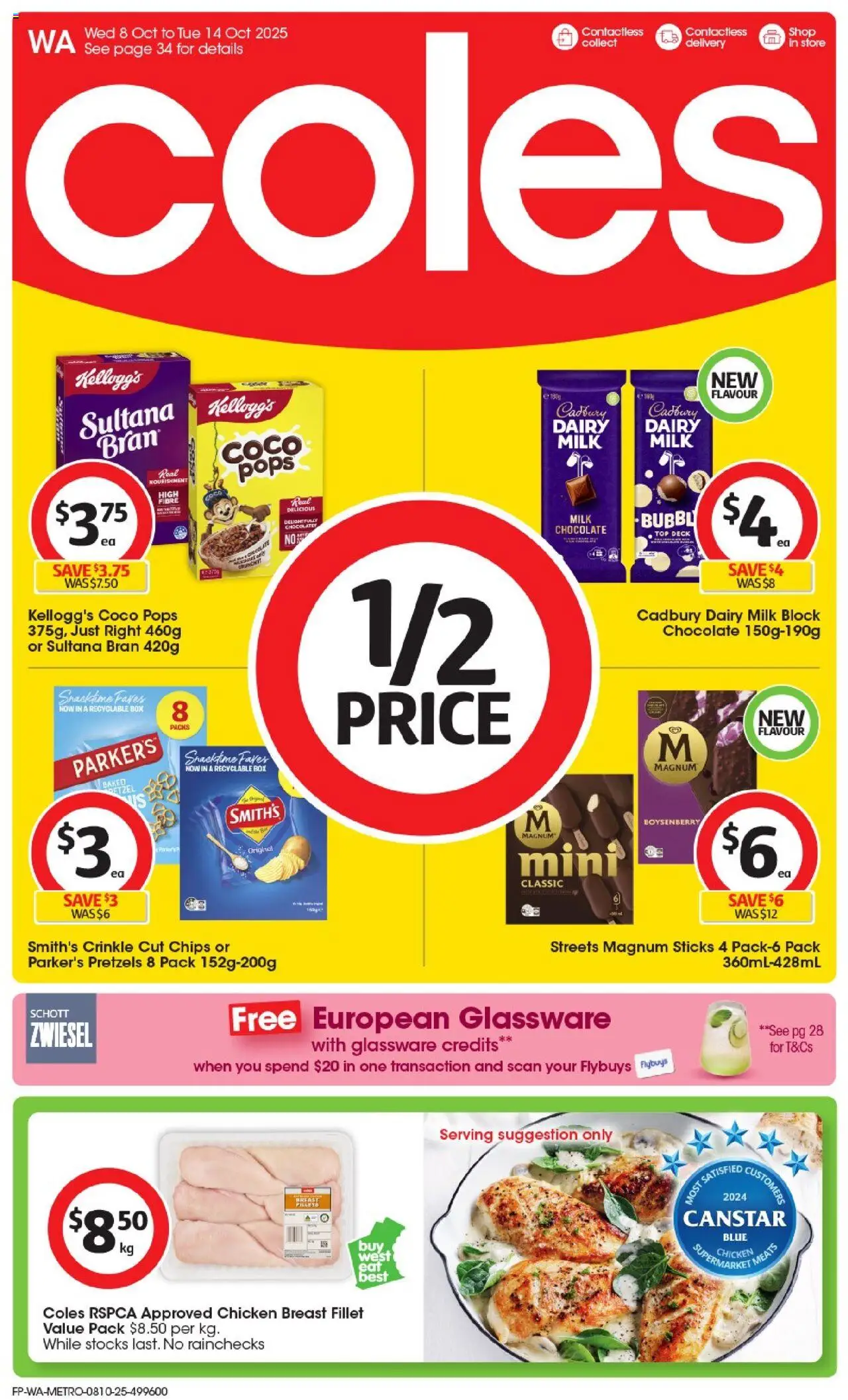 Preview of catalogue Catalogue WA from shop Coles valid 08/10/2025 - Box, Milk, Glassware, Chicken, Chicken breast, Chips, Pretzels, Fillet
