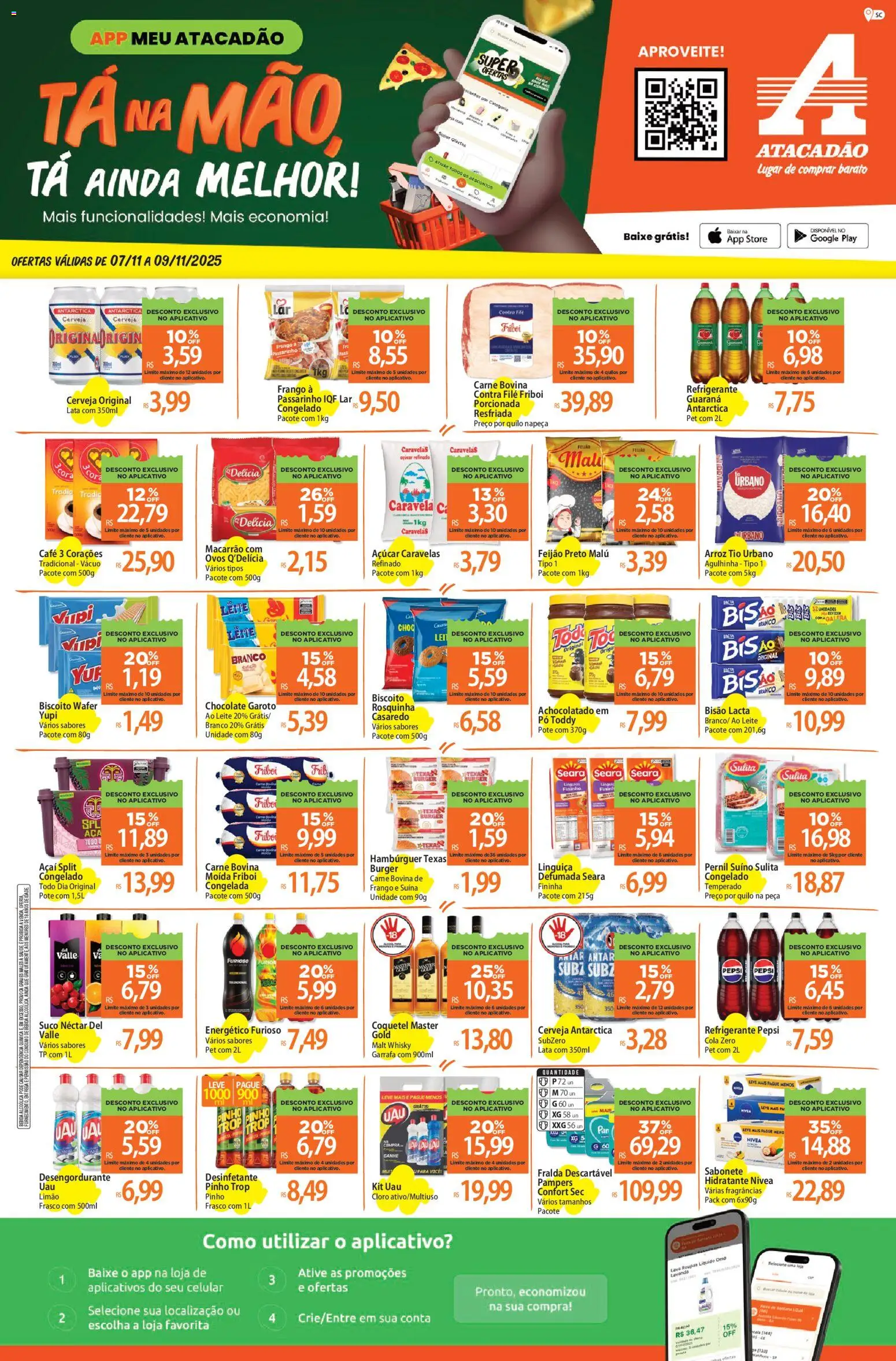 Pré-Visualização do folheto "Ofertas - SC" da loja Atacadão válido a partir de 07/11/2025 - Açaí, Biscoito, Sabonete, Frango, Açúcar, Refrigerante, Pampers, Cloro