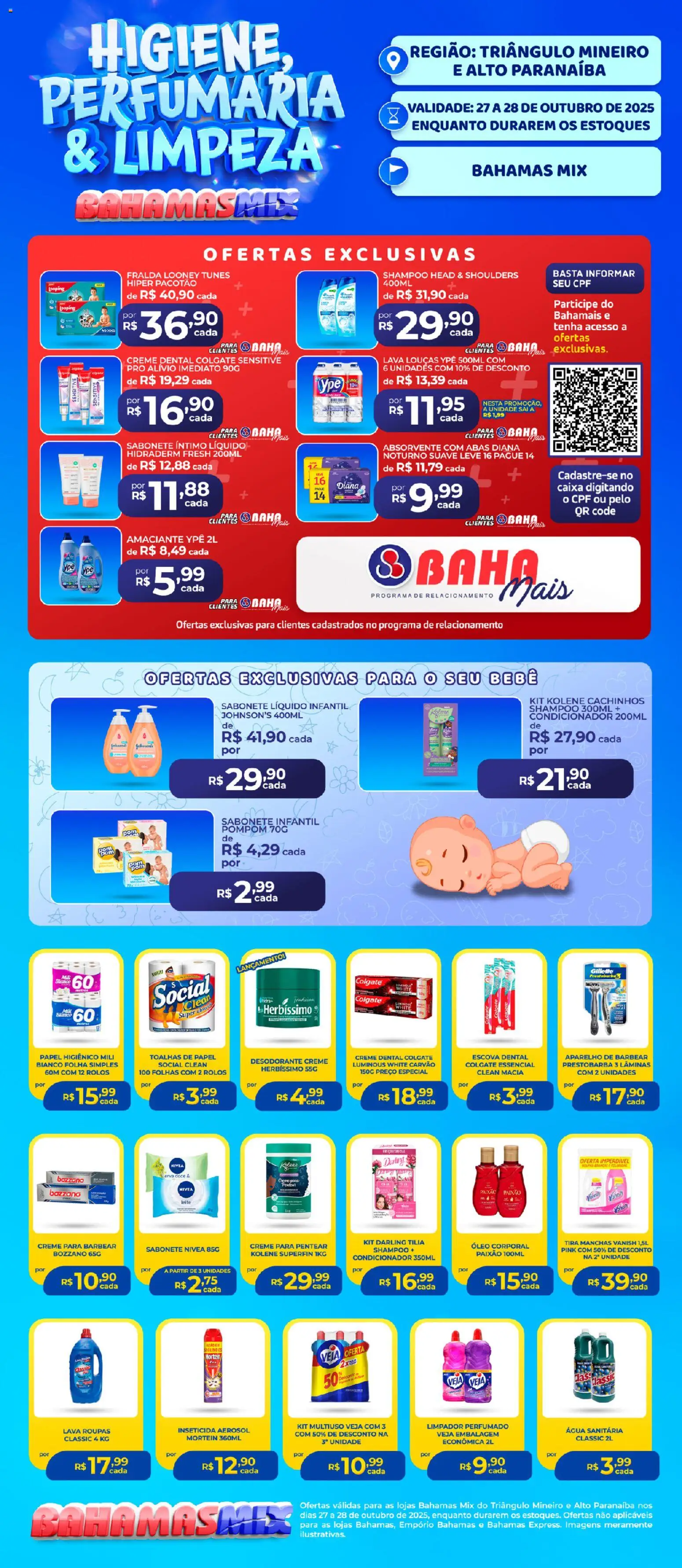 Pré-Visualização do folheto "Ofertas Higiene e Limpeza" da loja Bahamas Mix válido a partir de 27/10/2025 - Shampoo, Água, Sabonete, Vanish, Papel higiênico, Amaciante, Escova, Creme dental