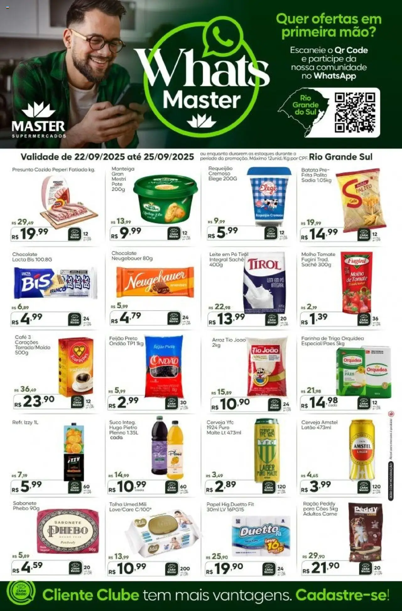 Master folheto "Ofertas - RS" válido a partir de 22/09/2025 - número de página 1 - Cerveja, Arroz, Leite, Sabonete, Batata, Ração, Leite em pó, Farinha de trigo
