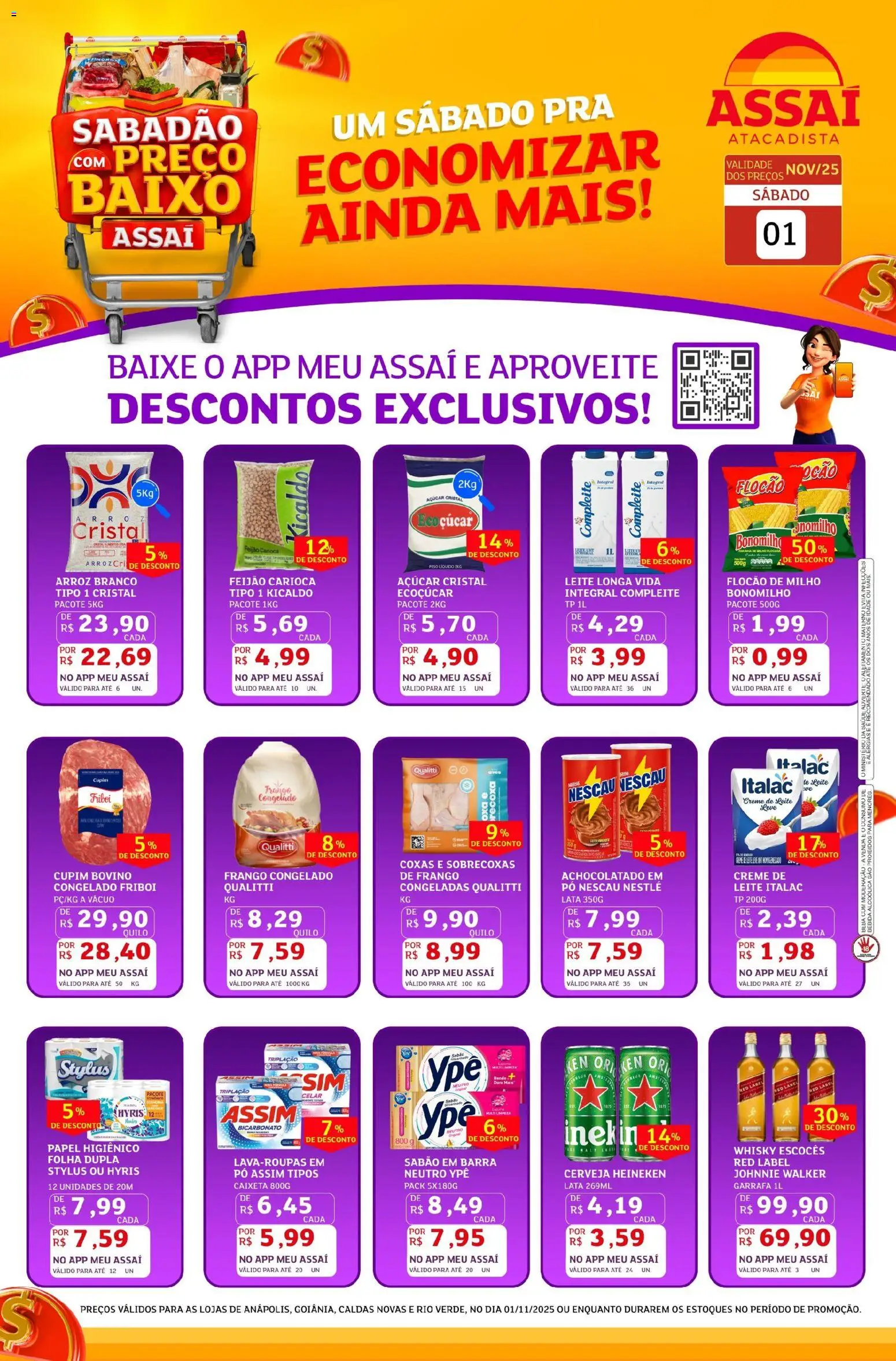 Pré-Visualização do folheto "Encarte - GO" da loja Assaí Atacadista válido a partir de 01/11/2025 - Whisky, Cerveja, Leite, Piso, Milho, Açúcar cristal, Sabão em barra, Leite longa vida