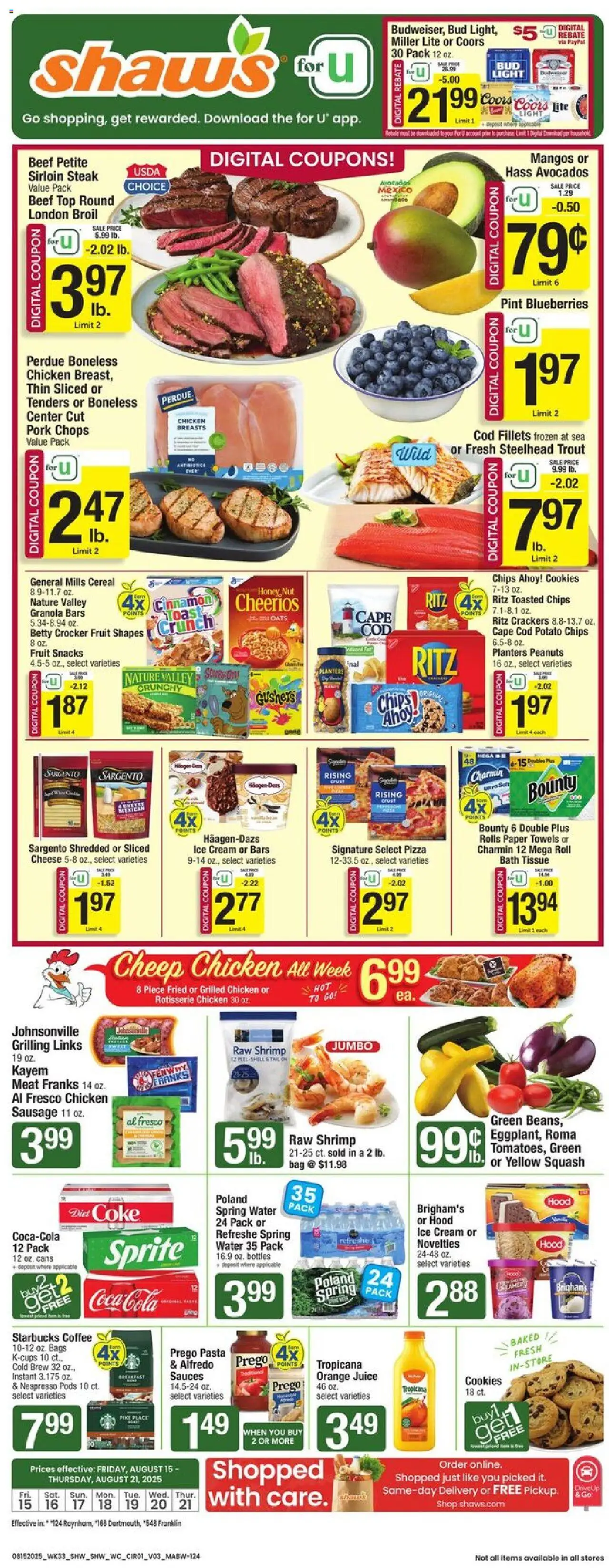 Shaw's Weekly Ad - MA from 08/15/2025 - Flyer - Page number 1 - Pasta, Cheese, Shrimp, Blueberries, Crackers, Bath, Potato chips, Chicken