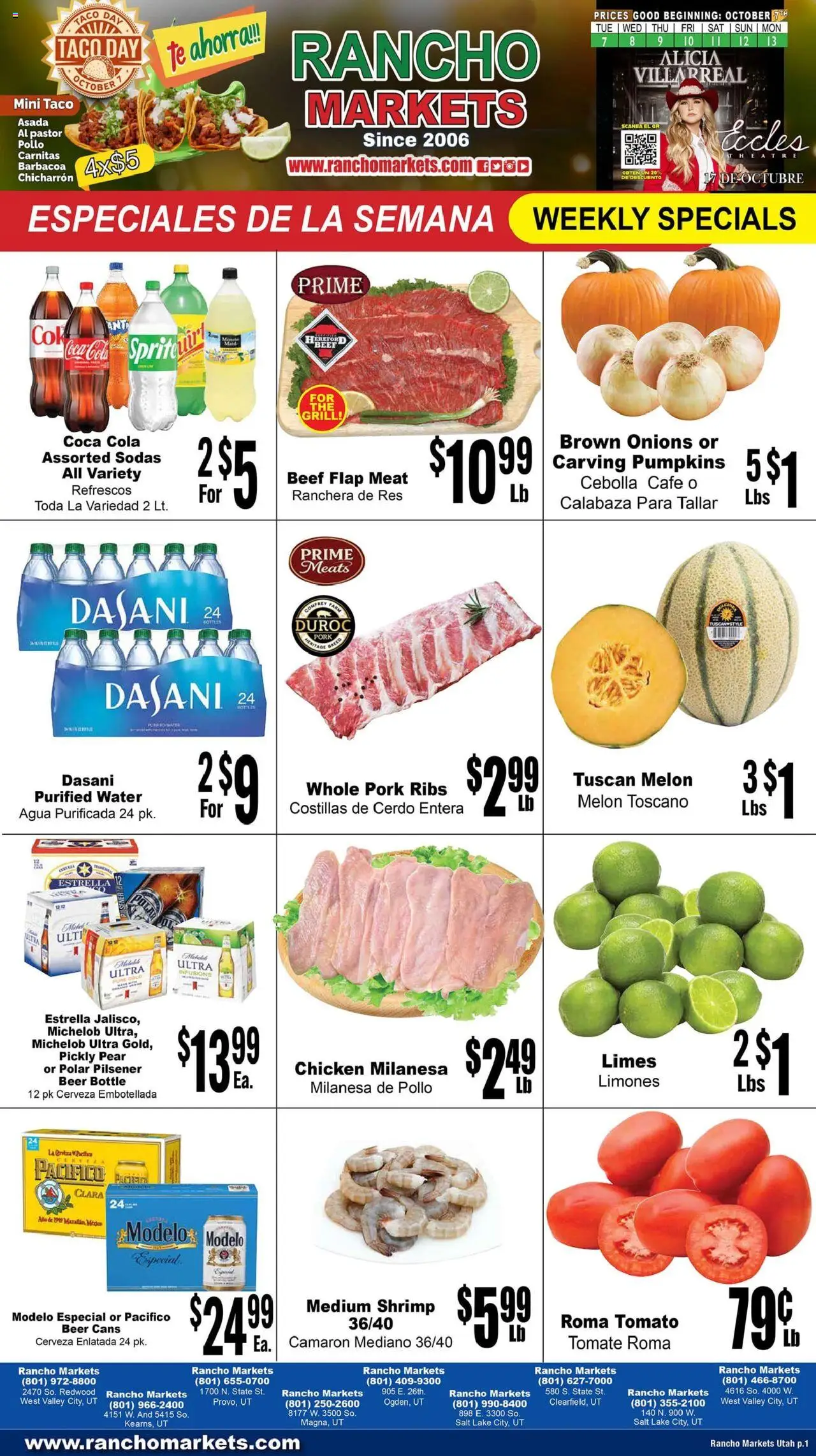 Ad Preview of Rancho Markets Weekly Ad from 10/07/2025 - Beer, Water, Grill, Salt, Pork, Pear, Melon, Pork ribs