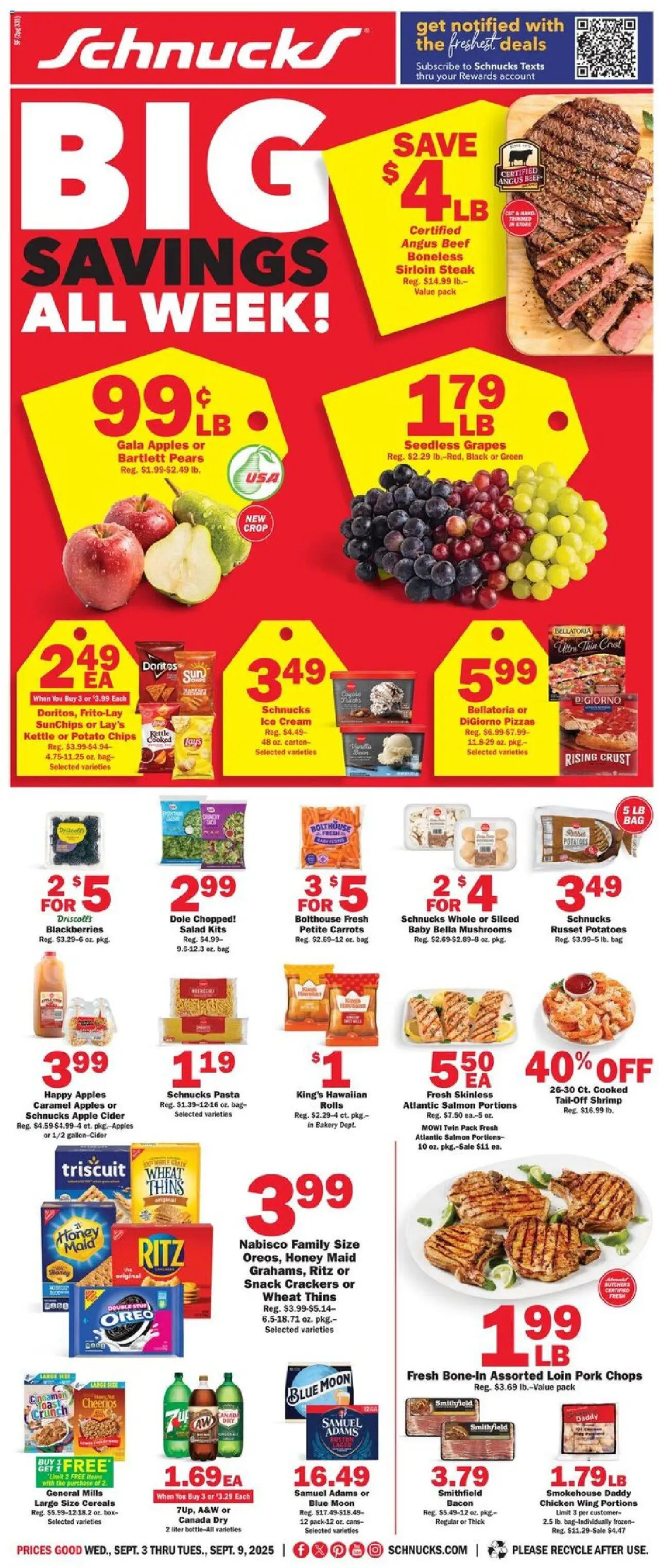 Schnucks Weekly Print Ad - IN from 09/03/2025 - Flyer - Page number 1 - Ice cream, Box, Salad, Honey, Salmon, Bag, Pears, Kettle