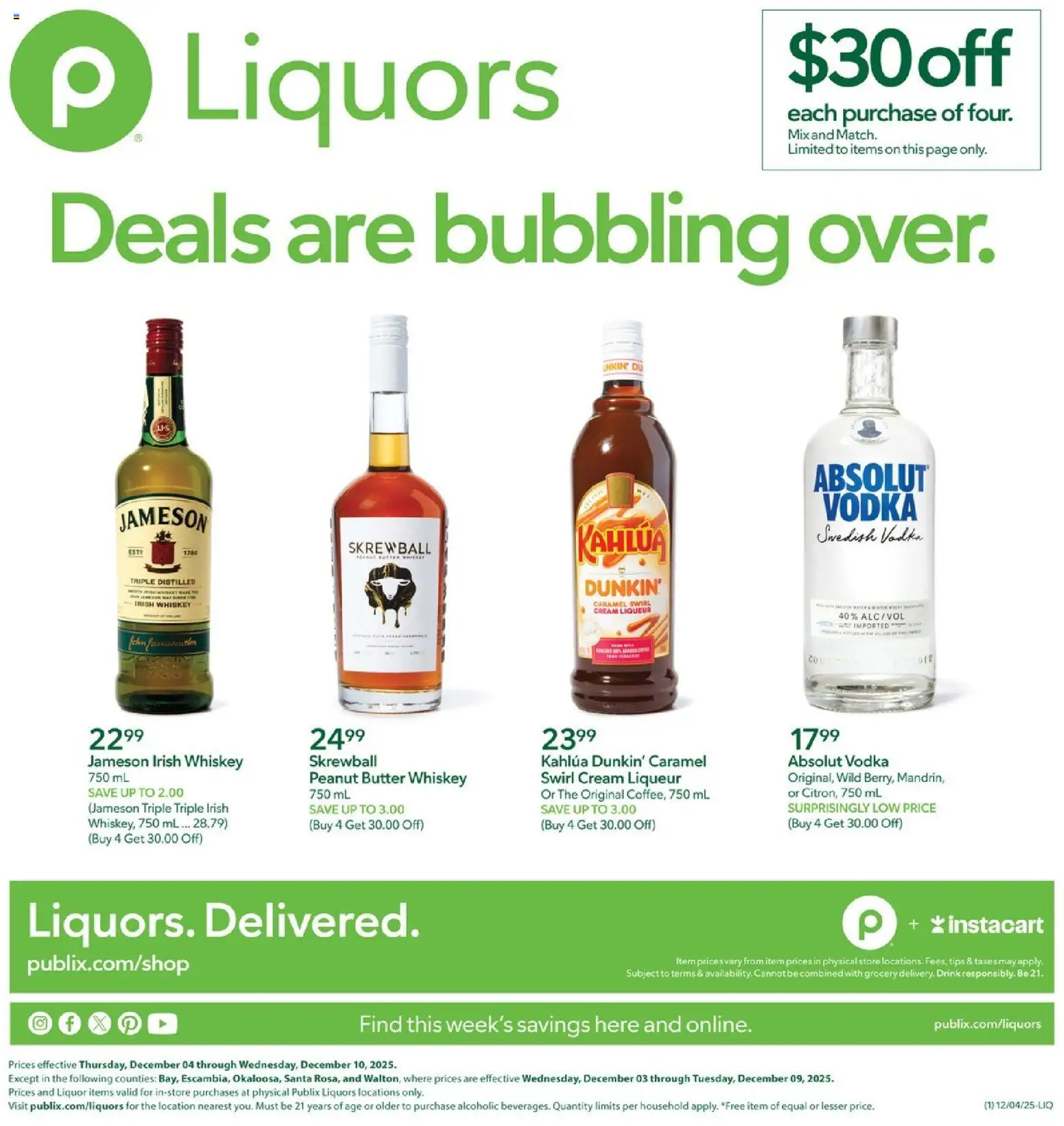 Ad Preview of Publix Liquor from 12/04/2025 - Butter, Vodka, Whiskey, Peanut butter, Cream, Jameson, Absolut vodka, Cream liqueur