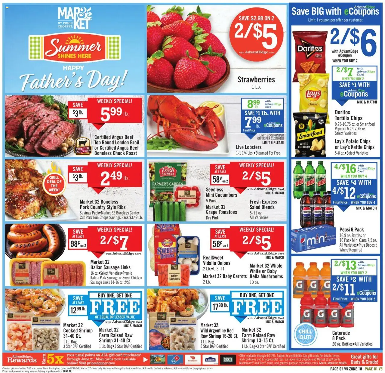 Price Chopper Weekly Ad from 06/15/2025 - Flyer - Page number 1 - Mushrooms, Shrimp, Popcorn, Beef, Strawberries, Salad, Bag, Carrots