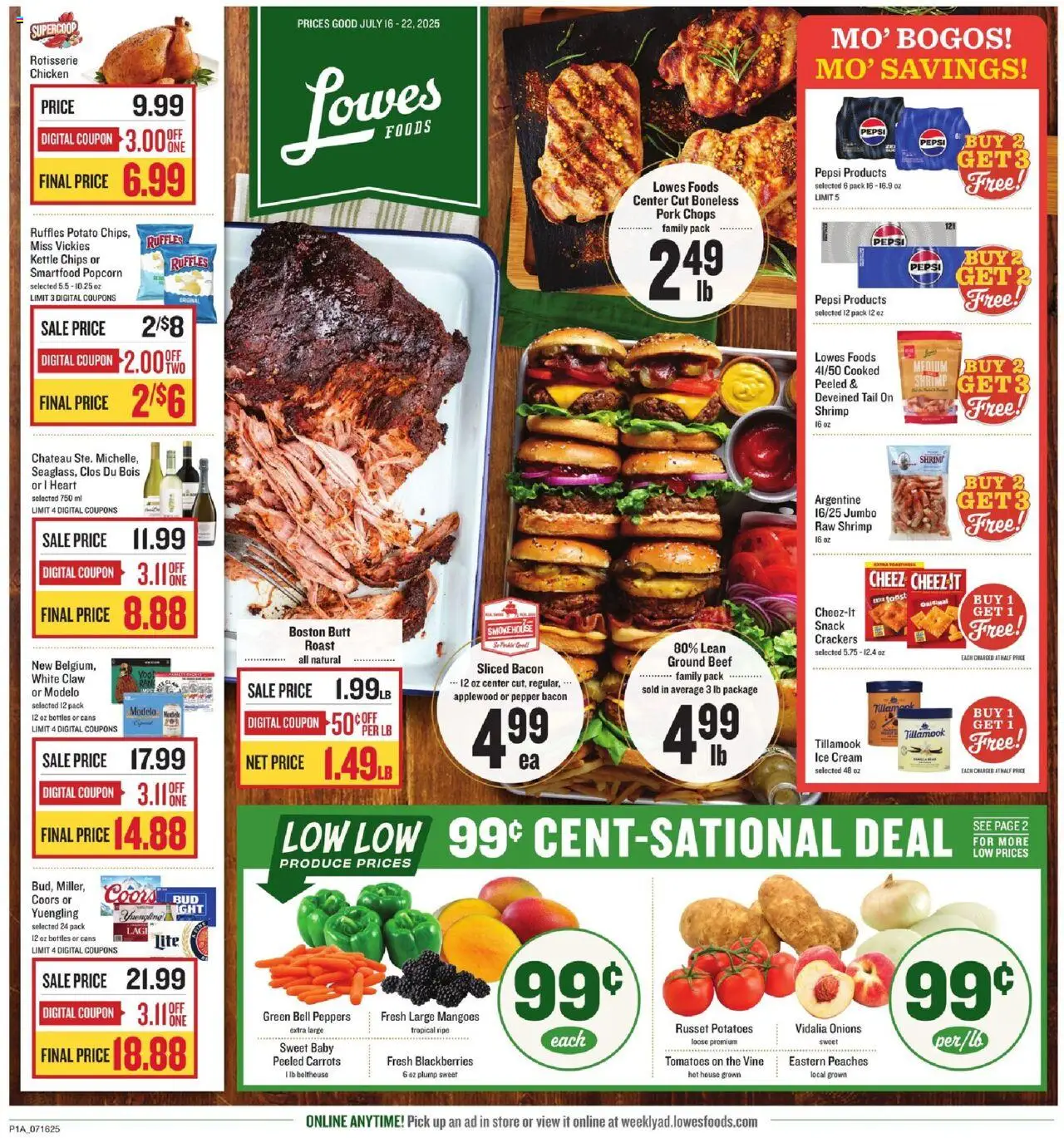 Lowes Foods Weekly Ad from 07/16/2025 - Flyer - Page number 1 - Crackers, Peaches, Peppers, Shrimp, Popcorn, Chips, Bacon, Pepper