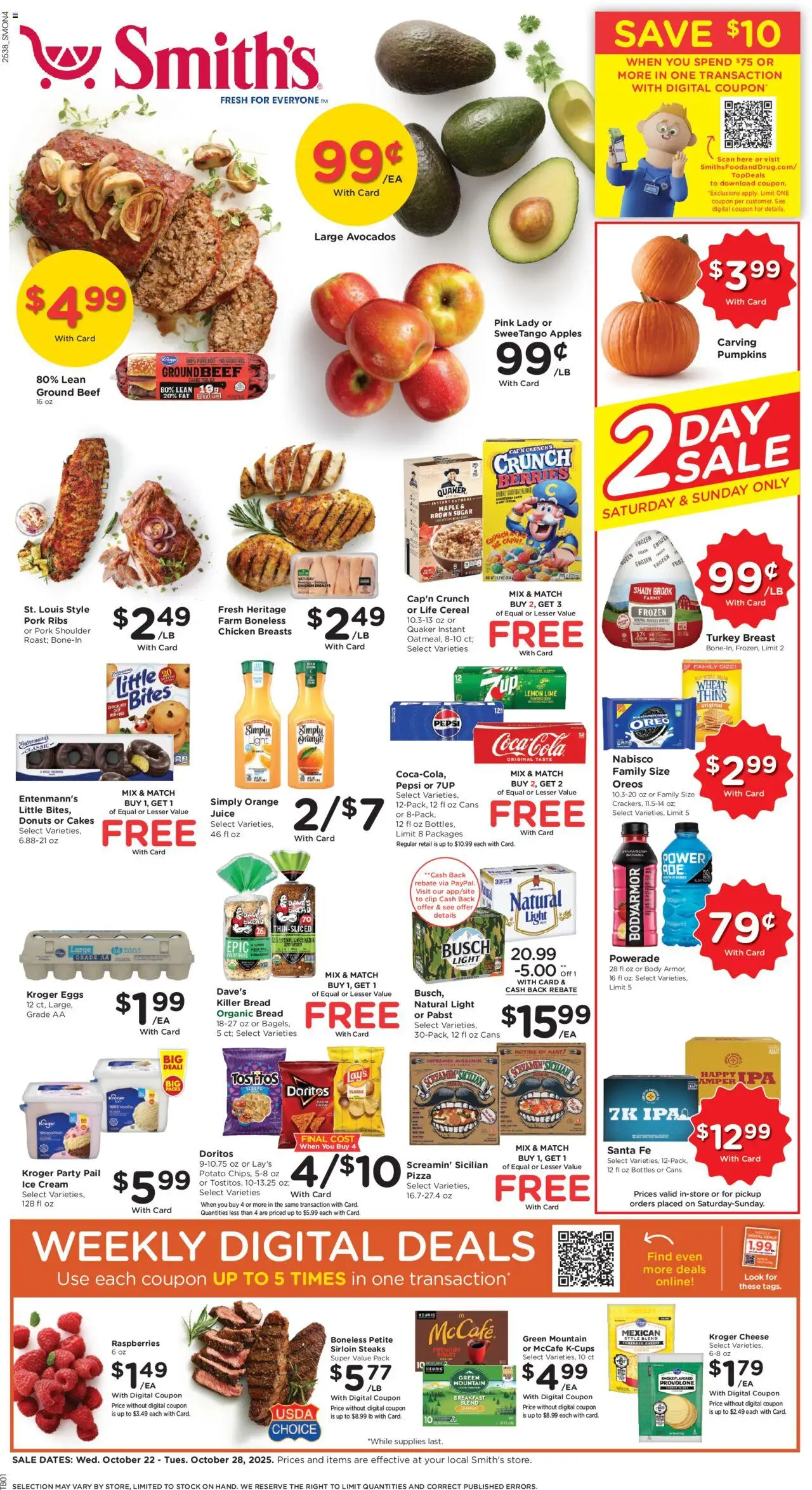 Smith's Weekly Ad from 10/22/2025 - Flyer - Page number 1 - Pizza, Apples, Sugar, Ground beef, Pork, Chicken breasts, Berries, Pork ribs