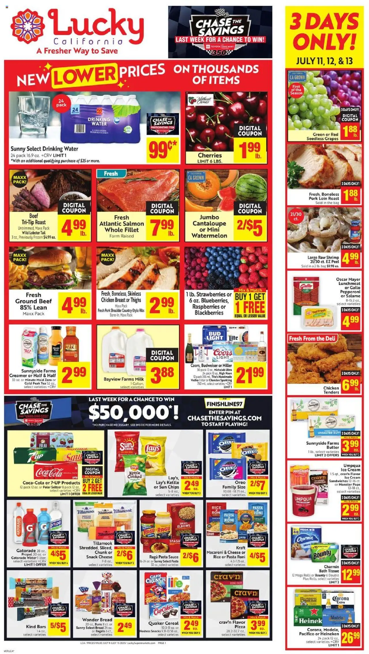 Lucky Supermarkets Weekly Ad from 07/09/2025 - Flyer - Page number 1 - Cherries, Pork loin, Milk, Pizza, Heineken, Rice, Cereal, Snacks