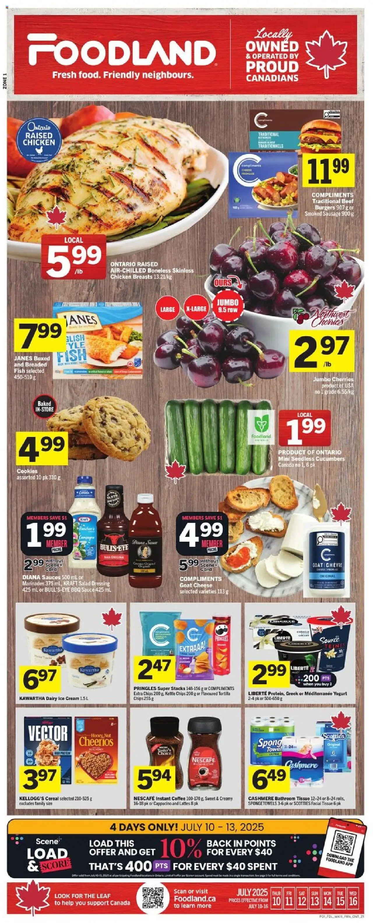 Foodland flyer valid from Jul 10, 2025 - page number 1 - Cheese, Ice, Yogurt, Chips, Beef, Cucumbers, Cream, Sauces