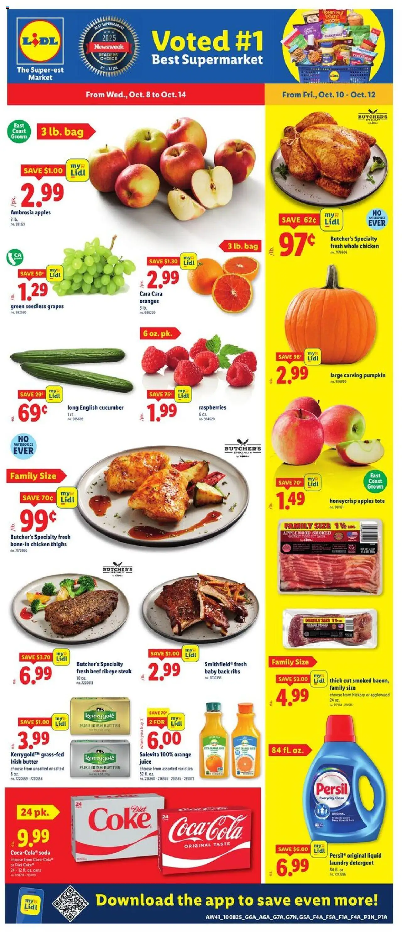 Lidl Weekly Ad from 10/08/2025 - Circular, Weekly flyer - Page number 1 - Oranges, Pumpkin, Juice, Raspberries, Beef, Bag, Chicken thighs, Seedless grapes