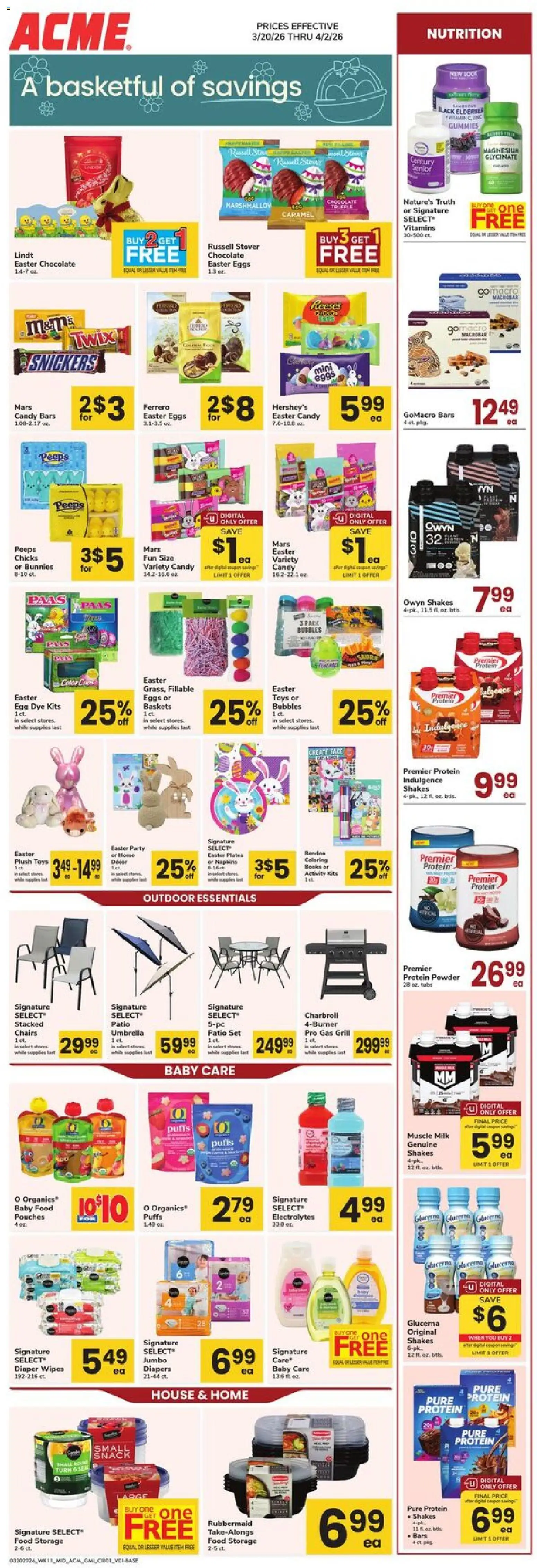 Ad Preview of Acme Acme Ad from 03/20/2026 - Candy, Grill, Protein, Diapers, Gas grill, Baby food, Powder, Lindt