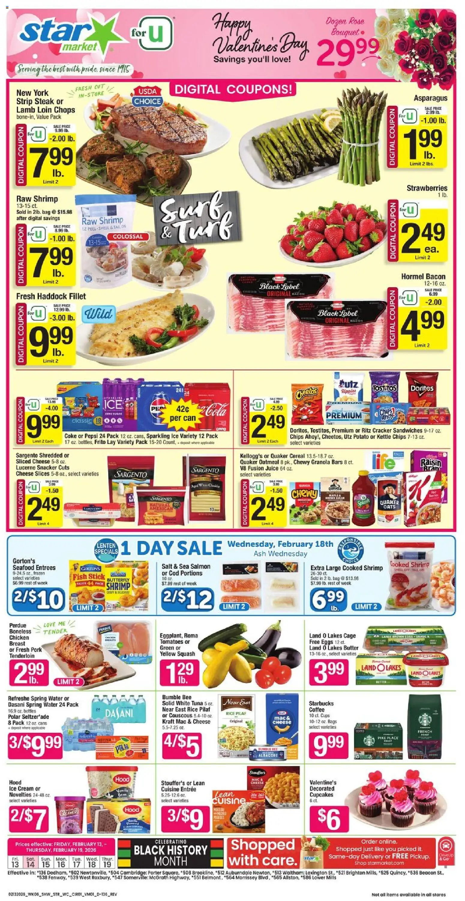 Ad Preview of Star Market Weekly Ad from 02/13/2026 - Coffee, Seafood, Steak, Tomatoes, Cereal, Oatmeal, Vanilla, Chicken
