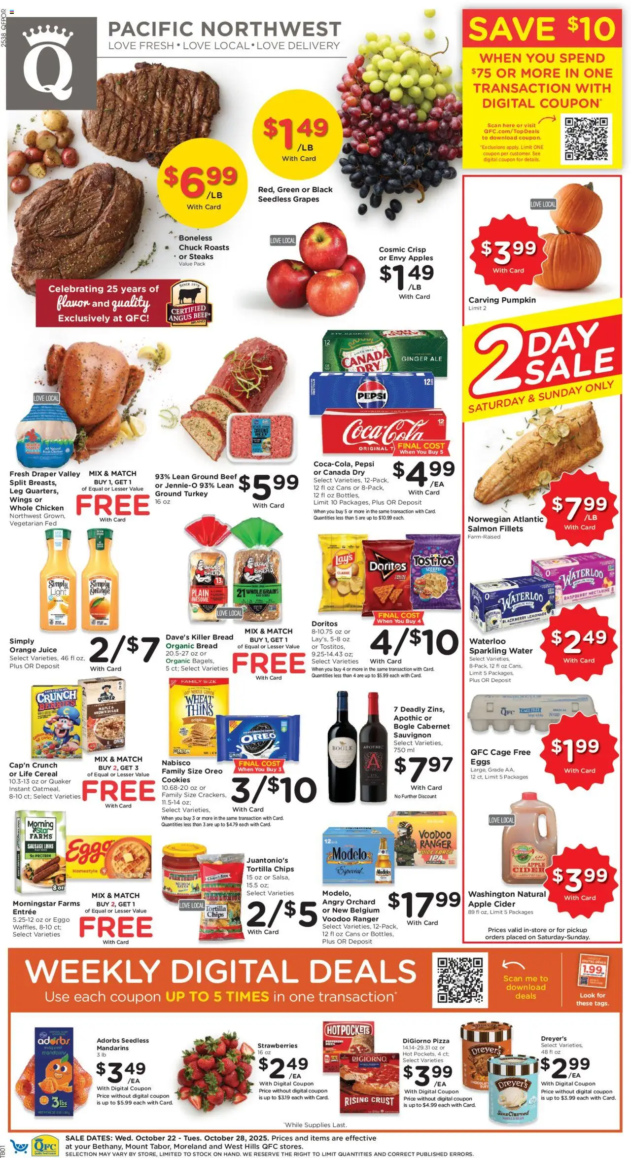 QFC Weekly Ad - OR from 10/22/2025 - Flyer - Page number 1 - Pizza, Cookies, Chips, Pepsi, Sausage, Raspberry, Beef, Nectarine