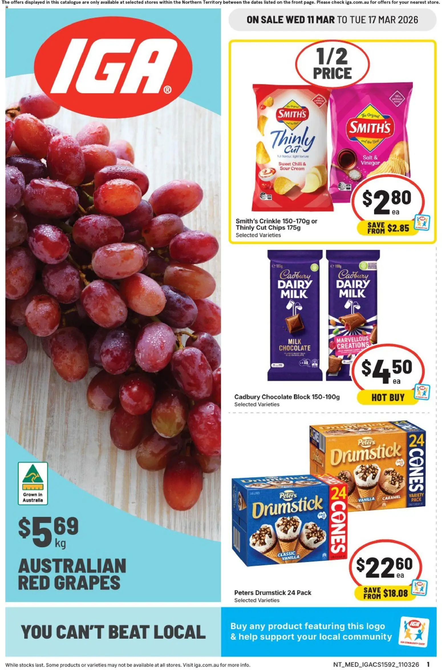 Preview of catalogue IGA catalogue NT from shop IGA valid 11/03/2026 - Milk, Chocolate, Sour cream, Chips, Cream, Salt, Vinegar, Grapes