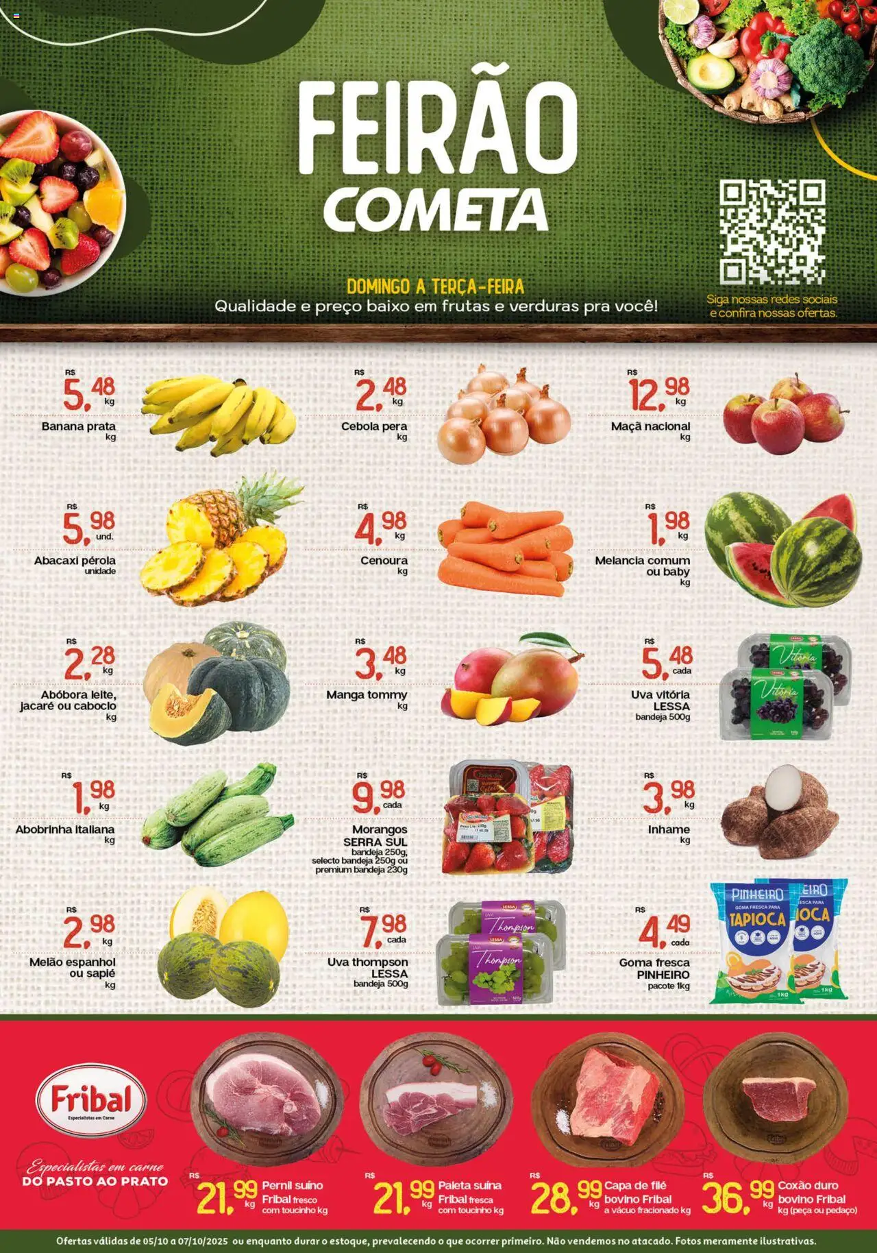 Cometa Supermercados folheto "Ofertas Feirão" válido a partir de 05/10/2025 - número de página 1 - Frutas, Inhame, Tapioca, Morangos, Abóbora, Cenoura, Coxão duro, Pernil suíno