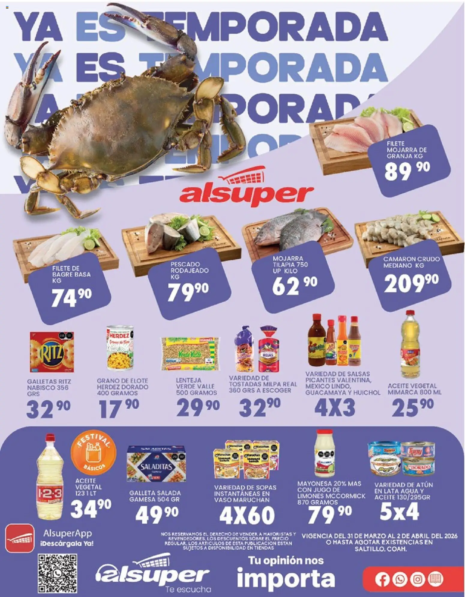 Vista previa las ofertas de la tienda Alsuper - Alsuper folleto Saltillo desde el 31/03/2026 - Galletas, Limones, Jugo, Atún, Tortillas, Tilapia, Filete de pescado, Filete