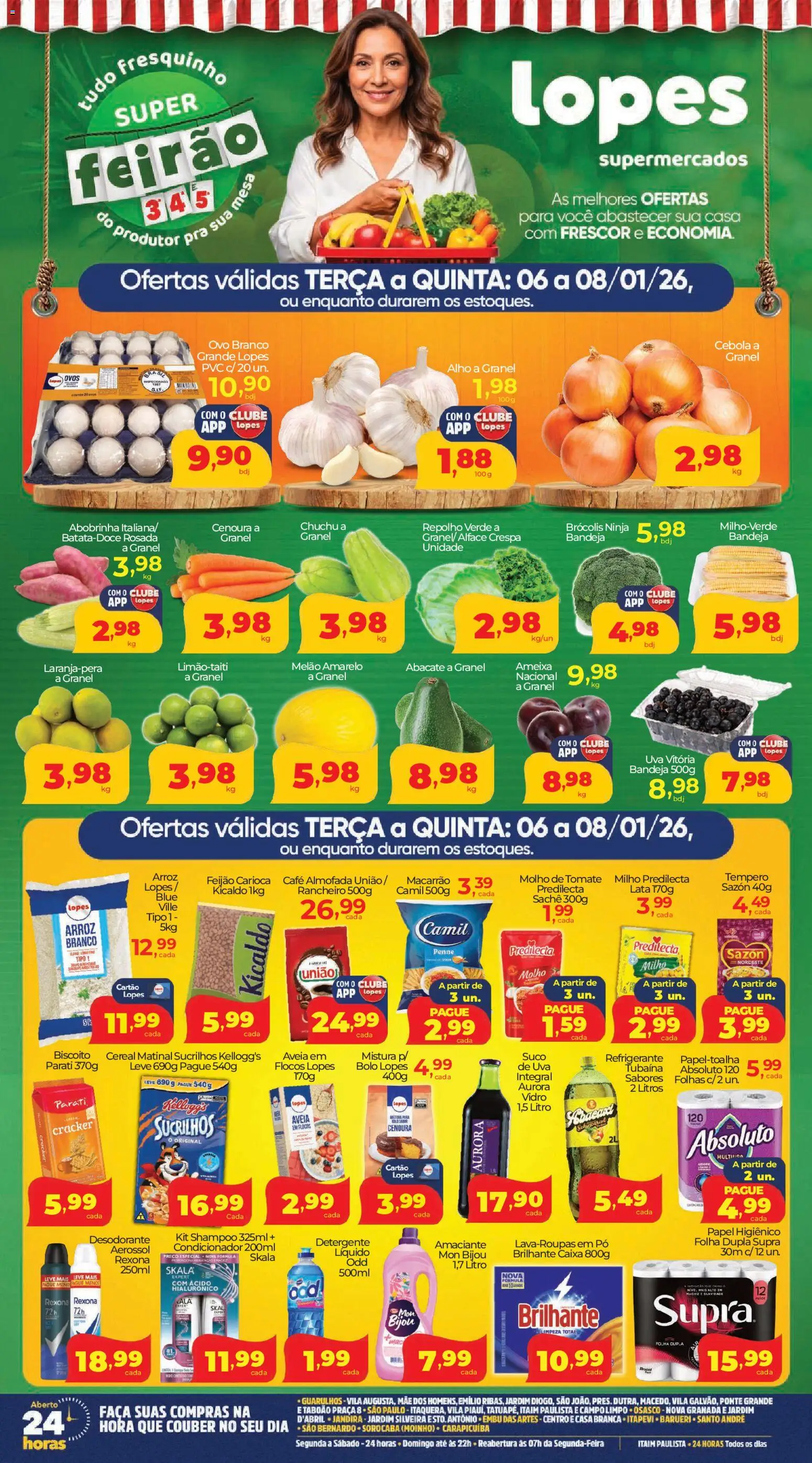 Pré-Visualização do folheto "Ofertas da semana" da loja Lopes Supermercados válido a partir de 06/01/2026 - Bolo, Ovos, Arroz, Chuchu, Alface, Papel higiênico, Pó, Melão