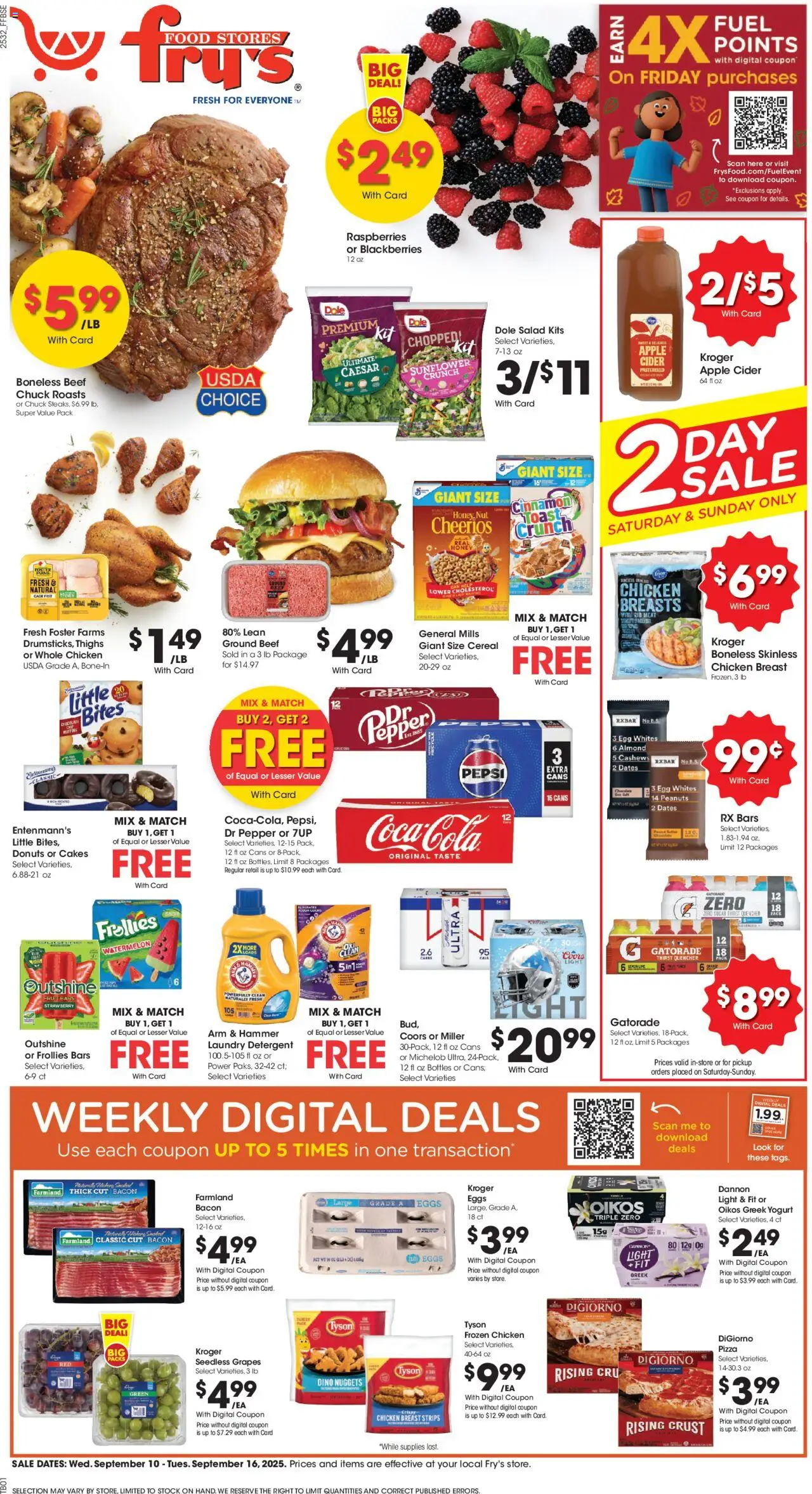 Ad Preview of Fry's Food Weekly Ad from 09/10/2025 - Salad, Yogurt, Pepsi, Greek yogurt, Ground beef, Detergent, Seedless grapes, Chicken