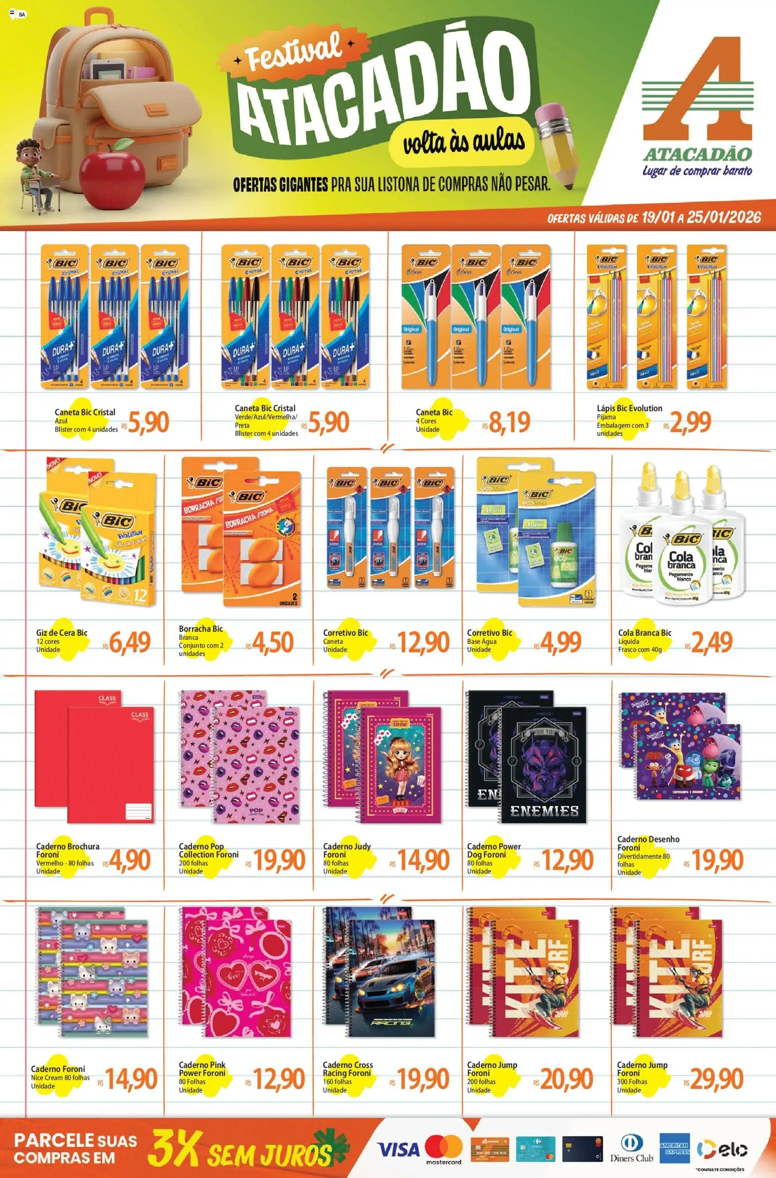 Pré-Visualização do folheto "Ofertas - BA" da loja Atacadão válido a partir de 19/01/2026 - Água, Caneta, Base, Pijama, Borracha, Cola, Lápis, Giz de cera