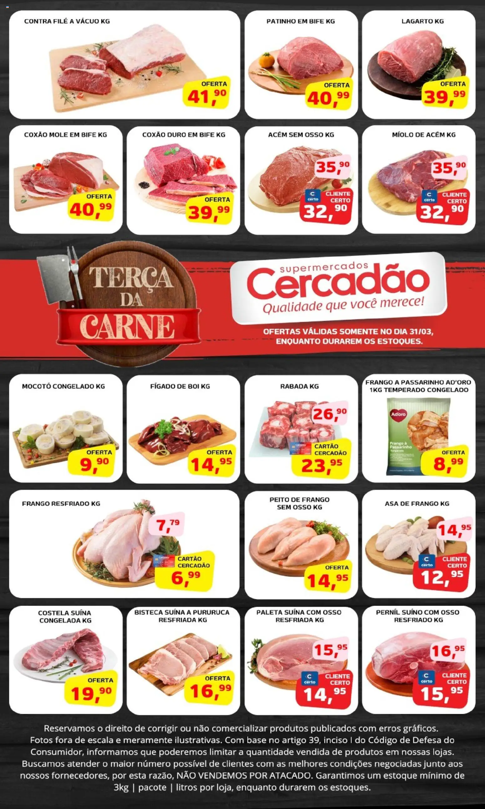 Pré-Visualização do folheto "Cercadão ofertas do Dia" da loja Cercadão válido a partir de 31/03/2026 - Base, Carne, Frango, Asa de frango, Paleta suína, Acém, Frango resfriado, Coxão mole