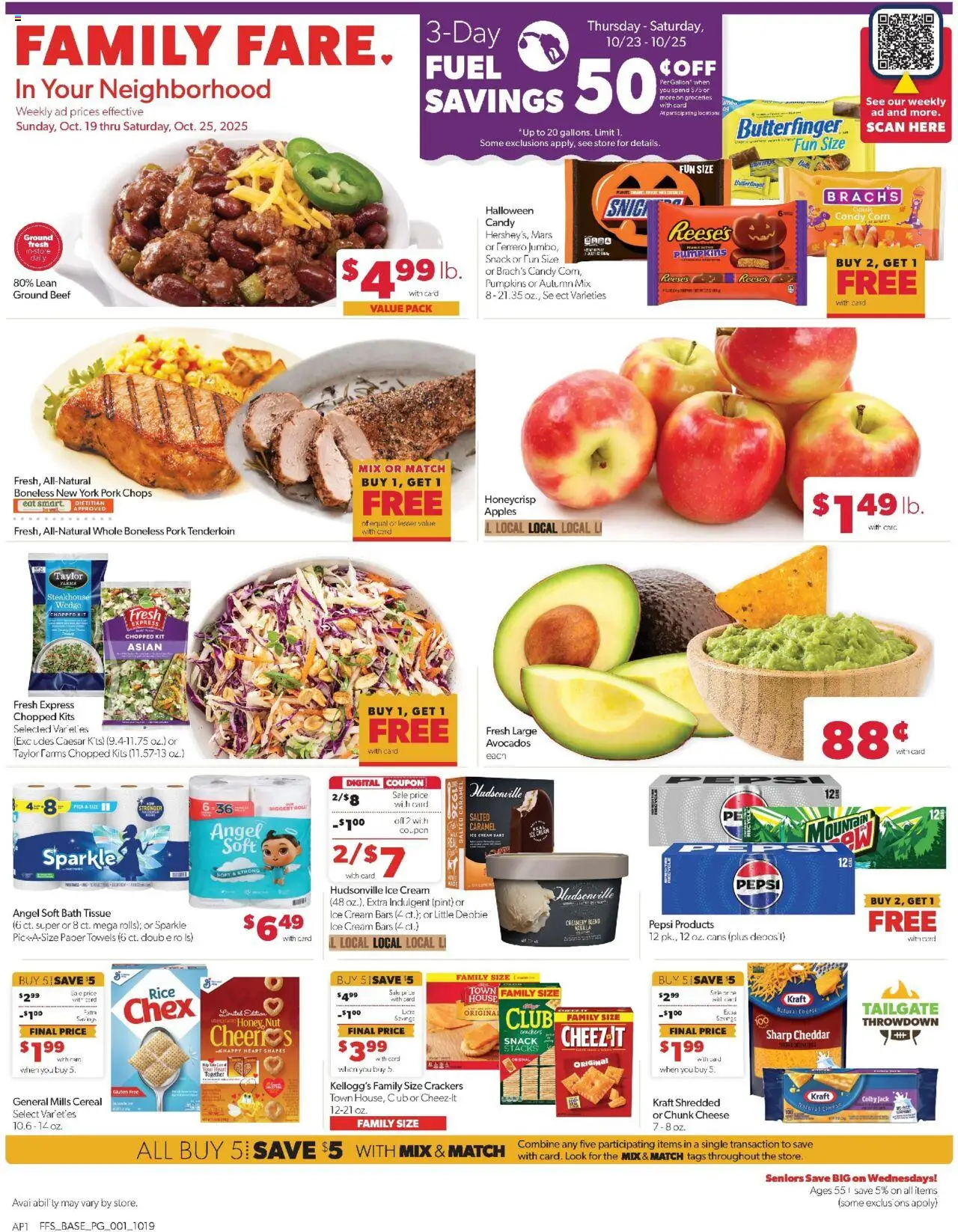 Family Fare Weekly Ad from 10/19/2025 - Flyer - Page number 1 - Ice cream, Candy, Honey, Cereal, Ground beef, Crackers, Cream, Paper towels