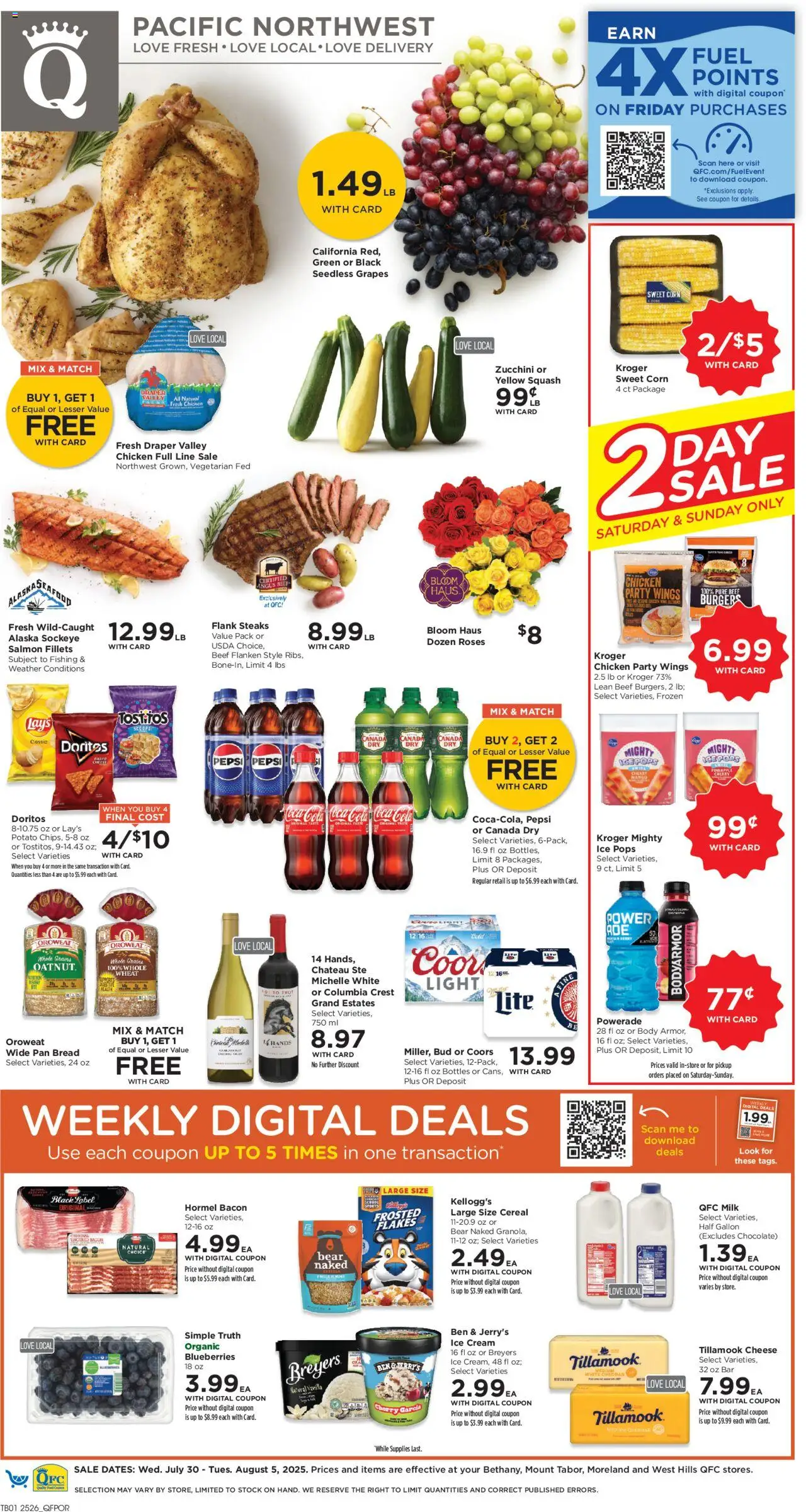 QFC Weekly Ad - OR from 07/30/2025 - Flyer - Page number 1 - Mango, Cheese, Salmon, Milk, Pepsi, Beef, Cream, Seedless grapes