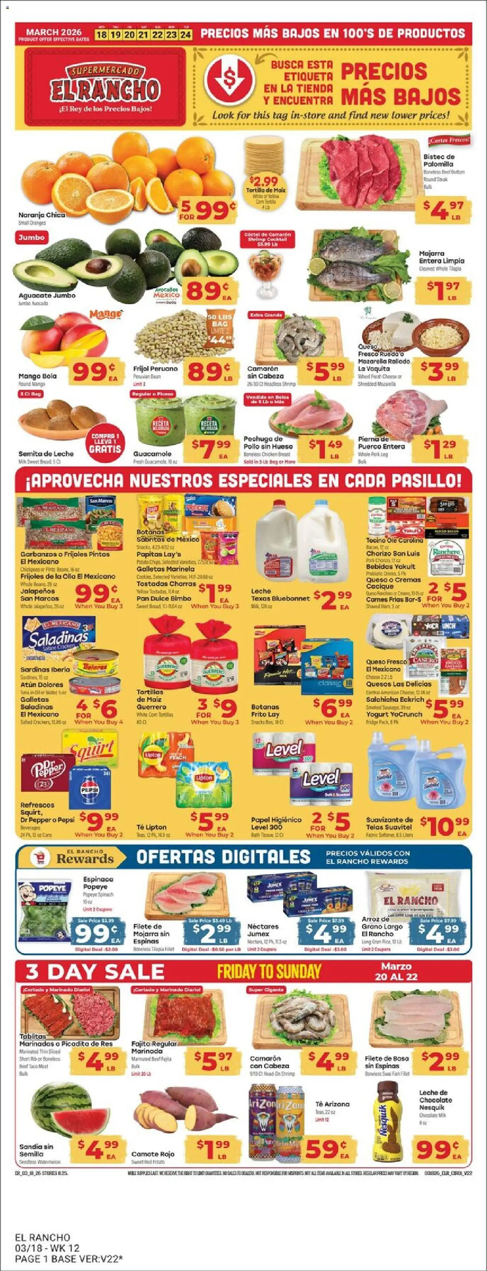 Ad Preview of El Rancho El Rancho Weekly Ad from 03/18/2026 - Mango, Avocado, Oil, Tilapia, Tuna, Ham, Spinach, Fabric softener