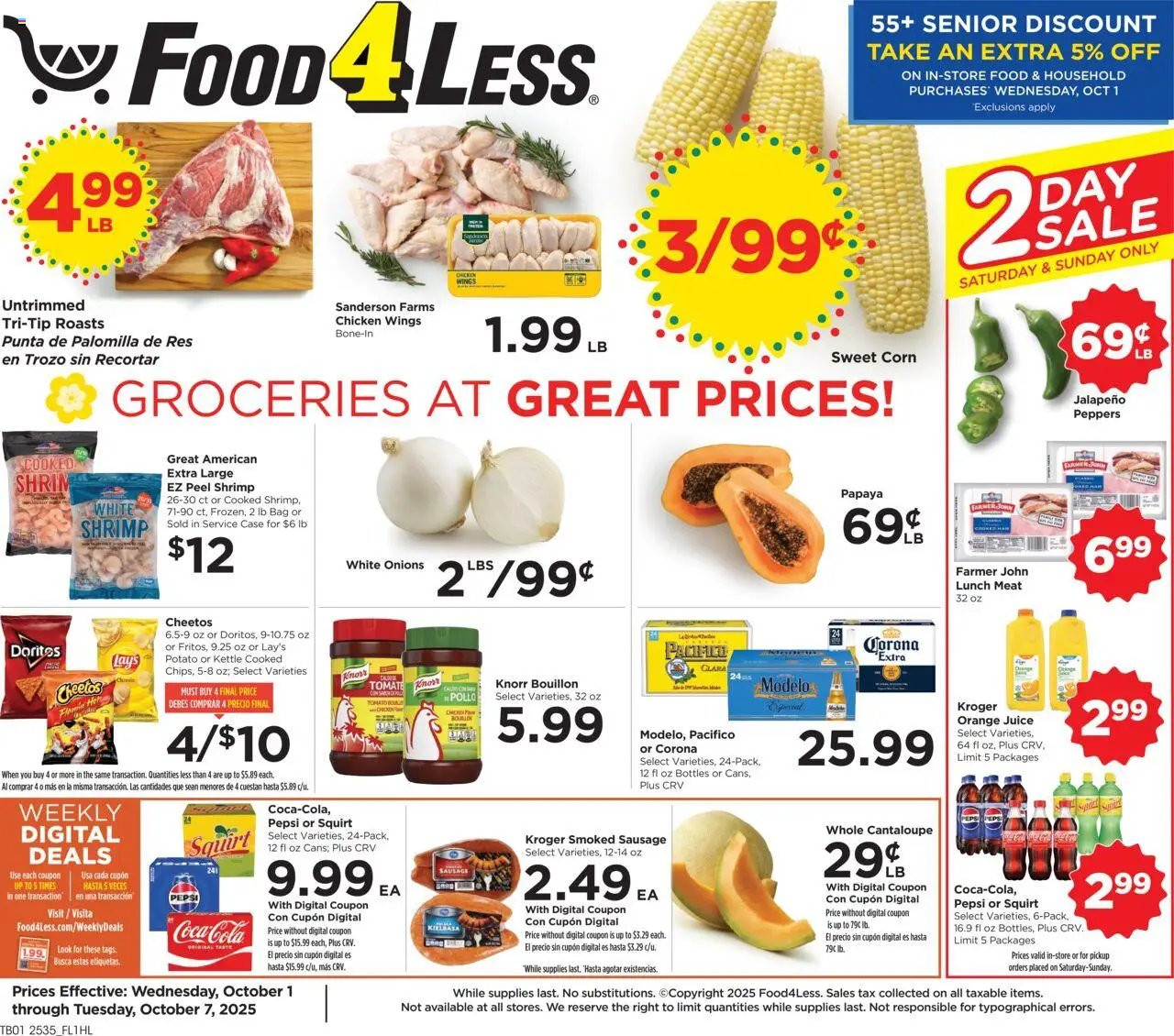 Ad Preview of Food 4 Less Weekly Ad from 10/01/2025 - Chicken wings, Juice, Tomato, Corn, Pepsi, Peppers, Bouillon, Jalapeno peppers