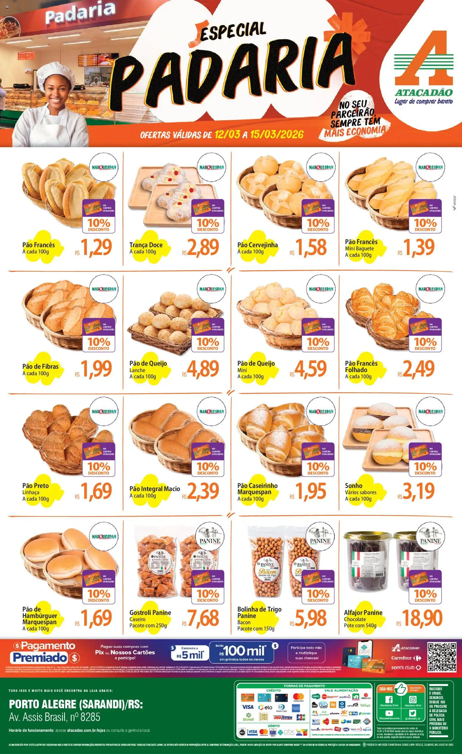 Pré-Visualização do folheto "Atacadão ofertas - RS" da loja Atacadão válido a partir de 12/03/2026 - Pá, Sonho, Pão de queijo, Pão, Bacon, Linhaça, Pão francês, Baguete