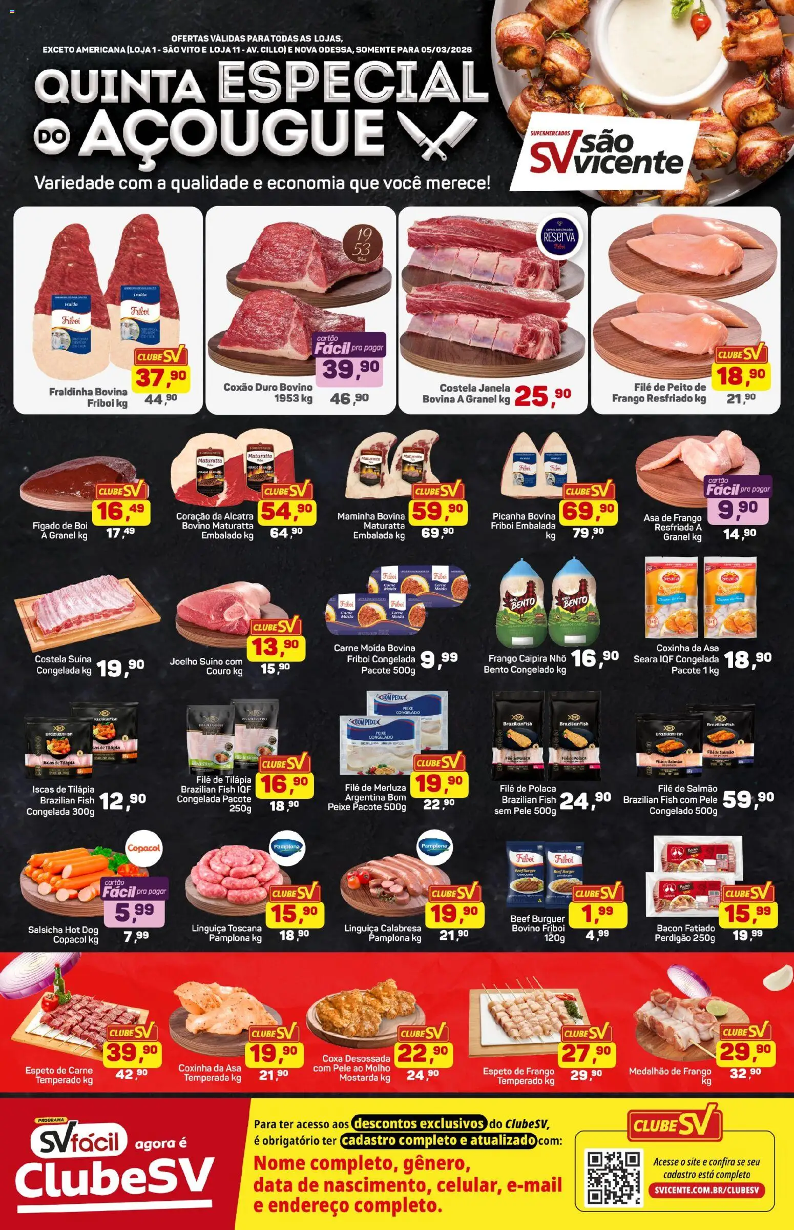 Pré-Visualização do folheto "Supermercados São Vicente - Ofertas da semana" da loja Supermercados São Vicente válido a partir de 05/03/2026 - Salsicha, Carne, Frango, Linguiça, Mostarda, Asa de frango, Frango resfriado, Carne moída bovina