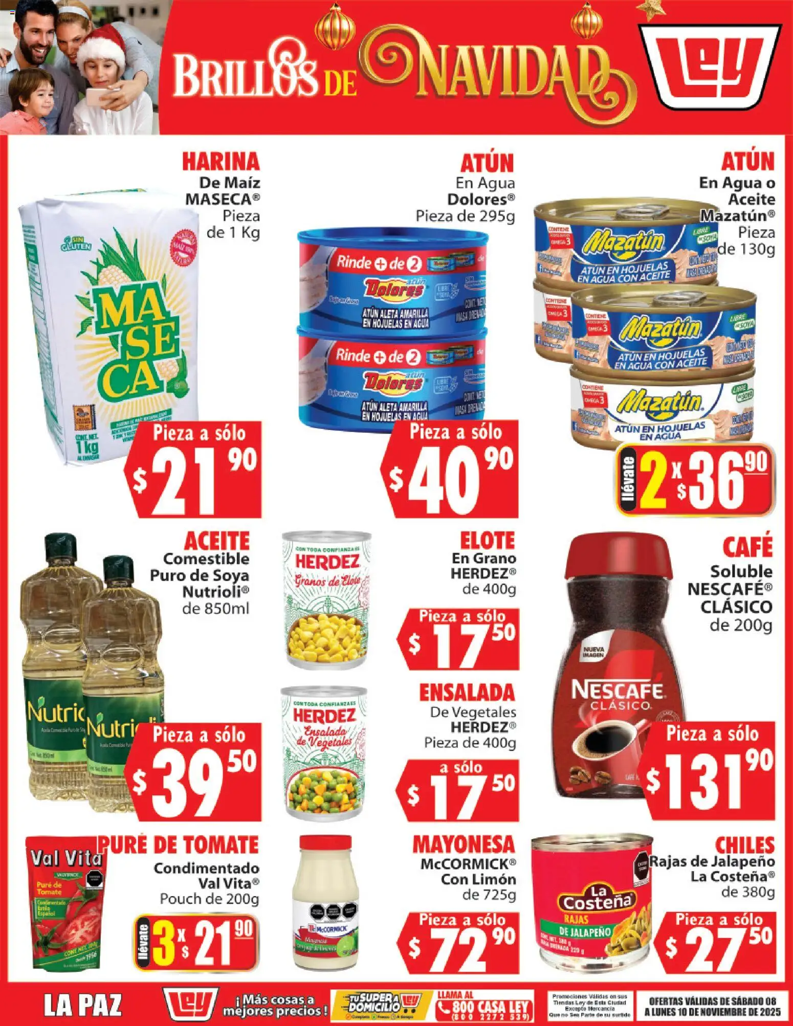Vista previa las ofertas de la tienda Casa Ley - Folleto Brillos de Navidad desde el 08/11/2025 - Café, Tomate, Maíz, Limón, Aceite, Atún, Harina, Mayonesa