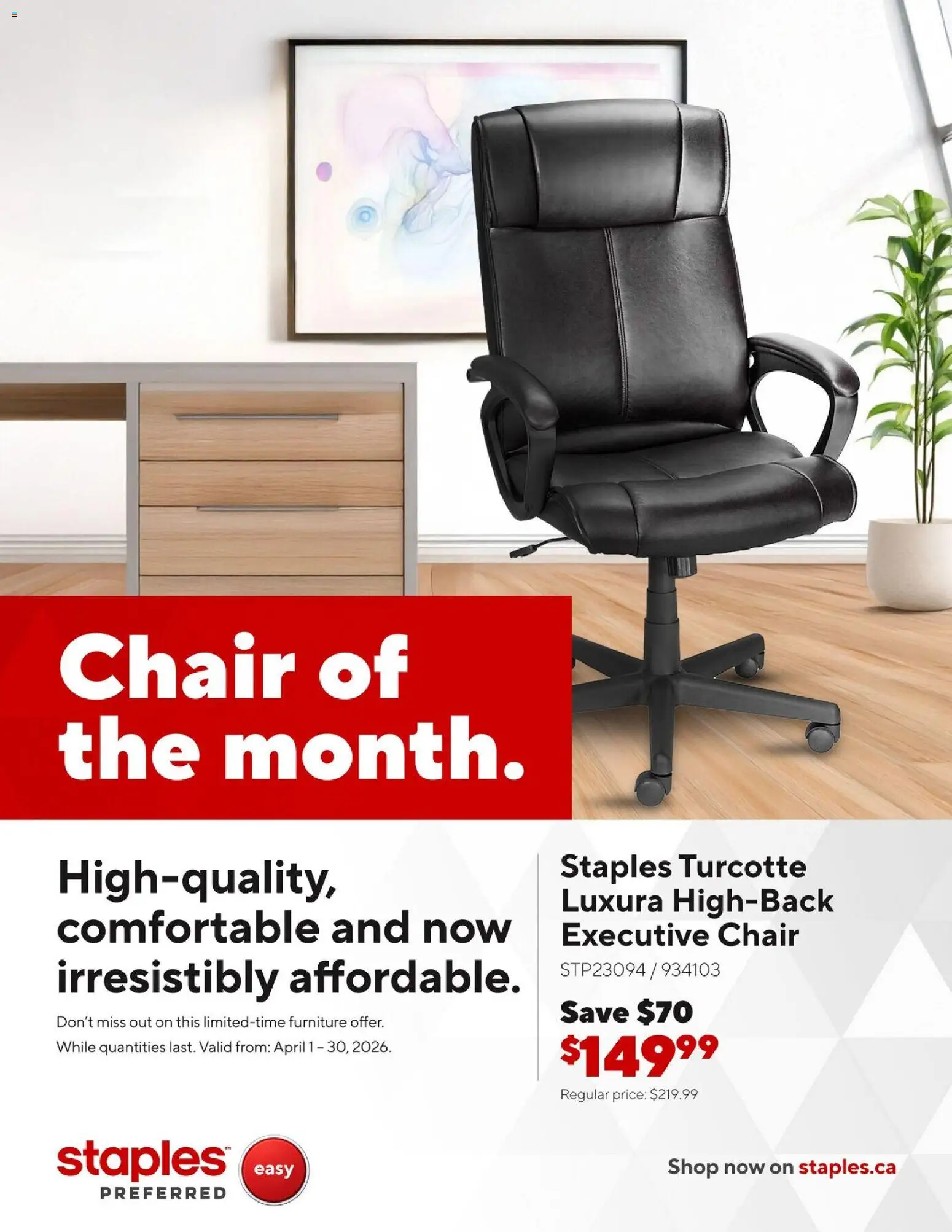 Preview of leaflet Staples flyer - Chair of the month from shop Staples is valid from Apr 01, 2026