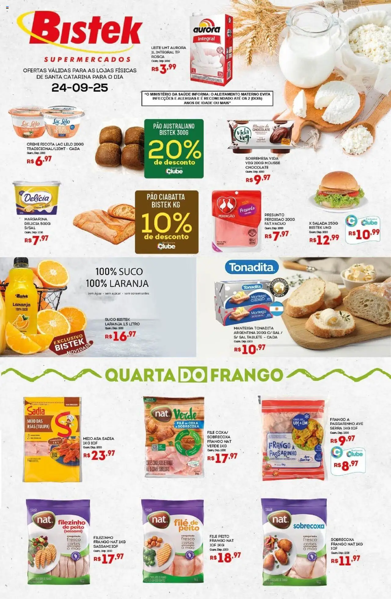 Bistek Supermercados folheto "Ofertas Quarta dos Frios" válido a partir de 24/09/2025 - número de página 1 - Chocolate, Leite, Manteiga, Açúcar, Creme, Mousse, Presunto, Margarina